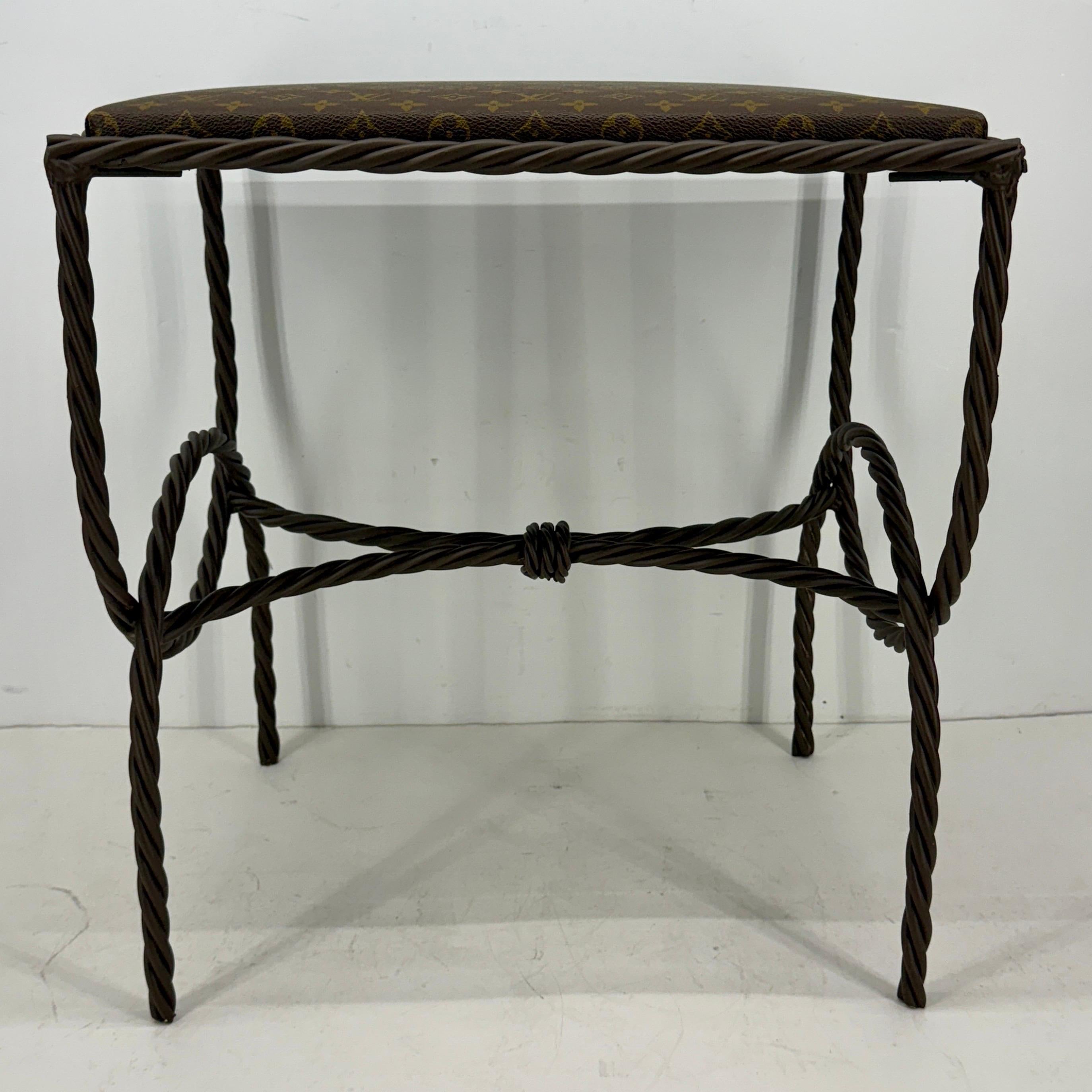 Hand-Crafted Iron Bench Side Table Stool- Louis Vuitton Monogram Fabric For Sale