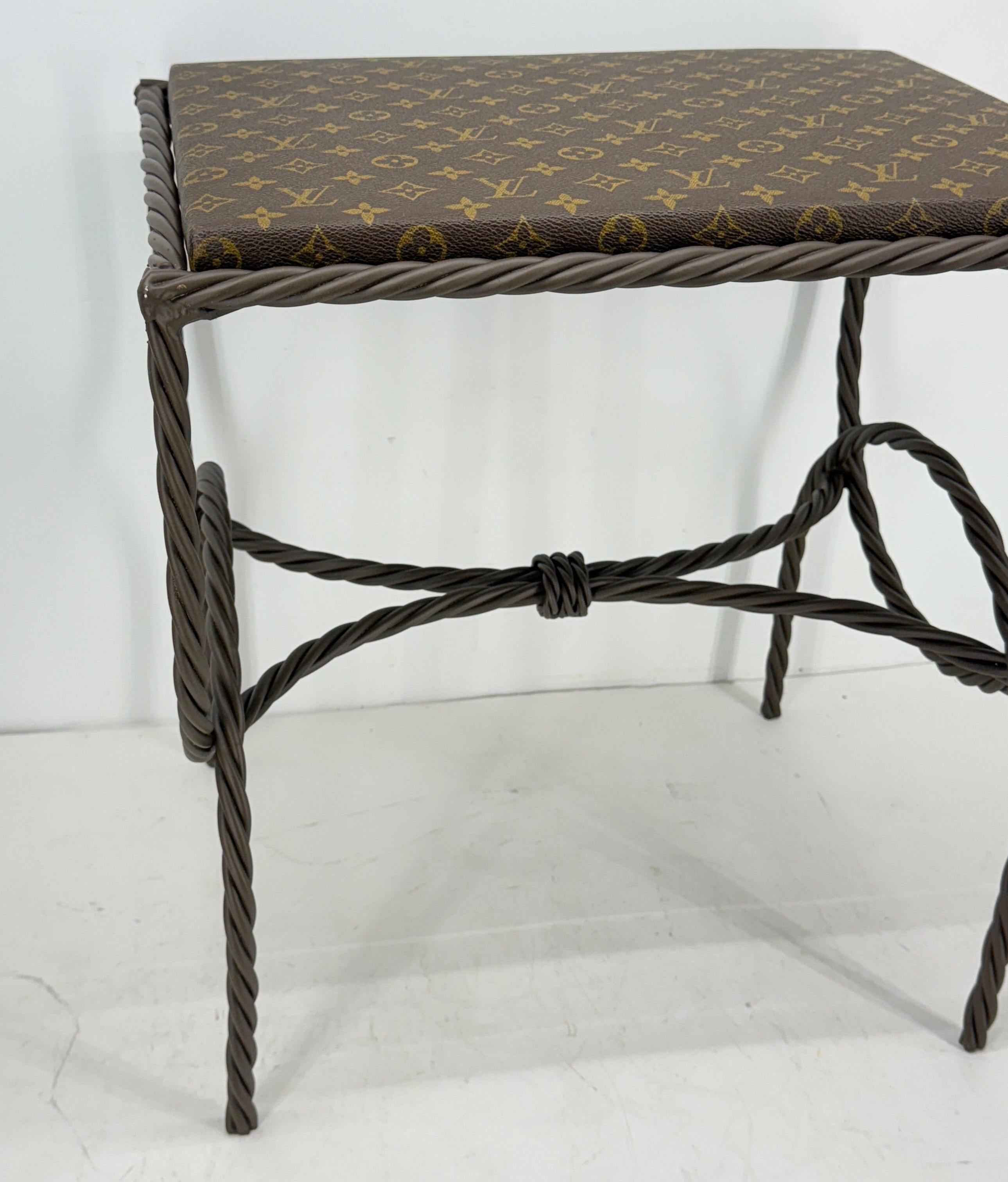 Hand-Crafted Iron Bench Side Table Stool- Louis Vuitton Monogram Fabric For Sale
