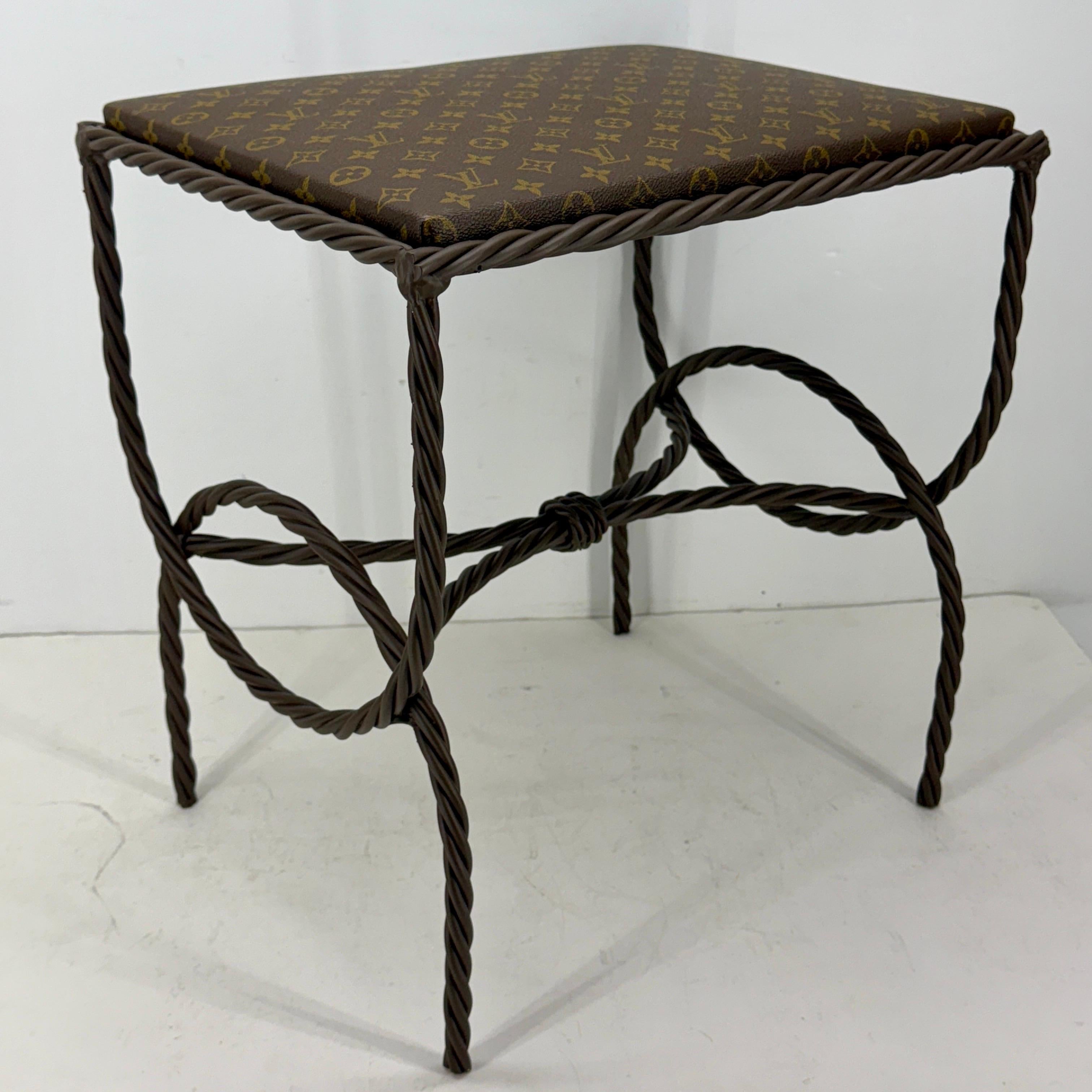Iron Bench Side Table Stool- Louis Vuitton Monogram Fabric In Good Condition For Sale In Haddonfield, NJ