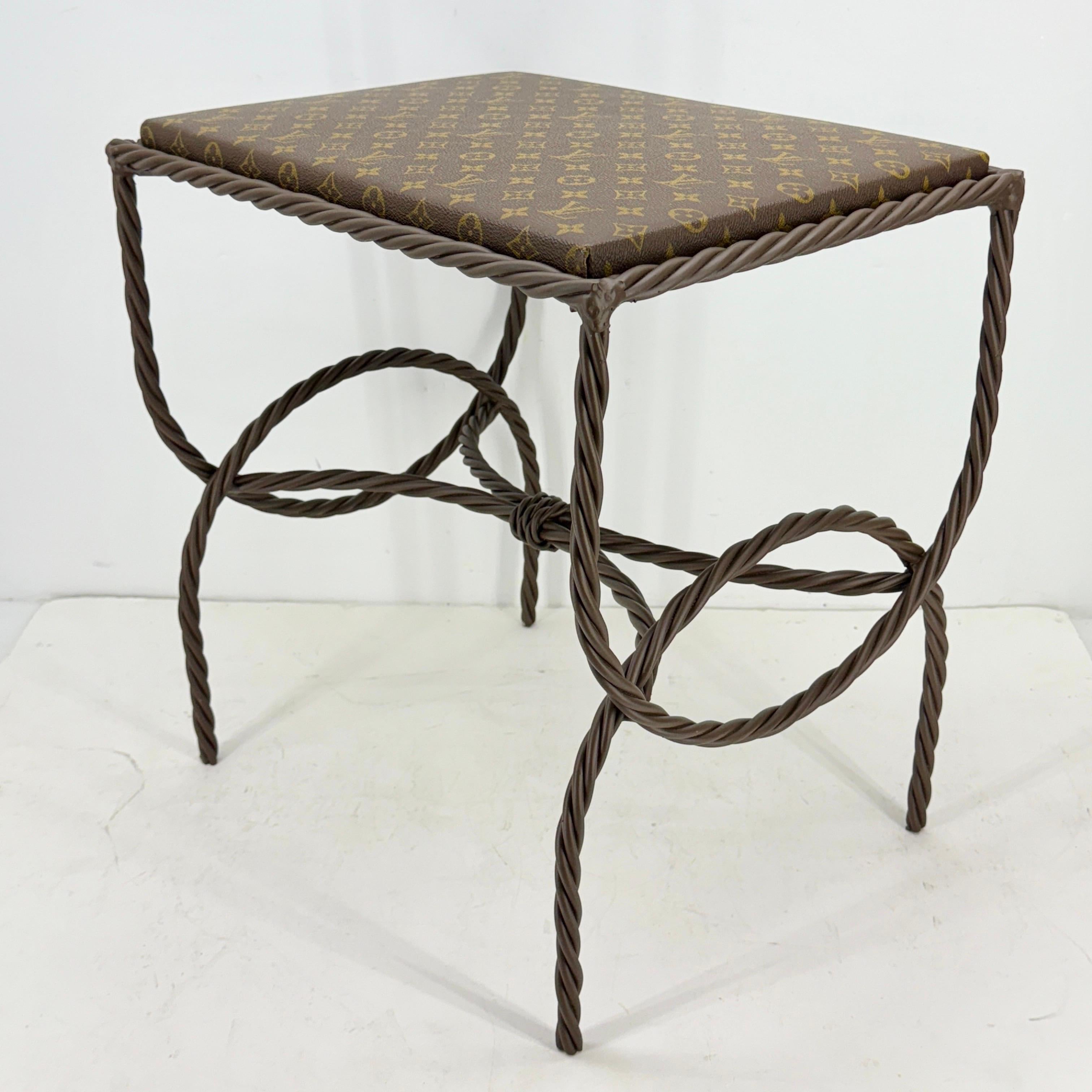 Iron Bench Side Table Stool- Louis Vuitton Monogram Fabric In Good Condition For Sale In Haddonfield, NJ