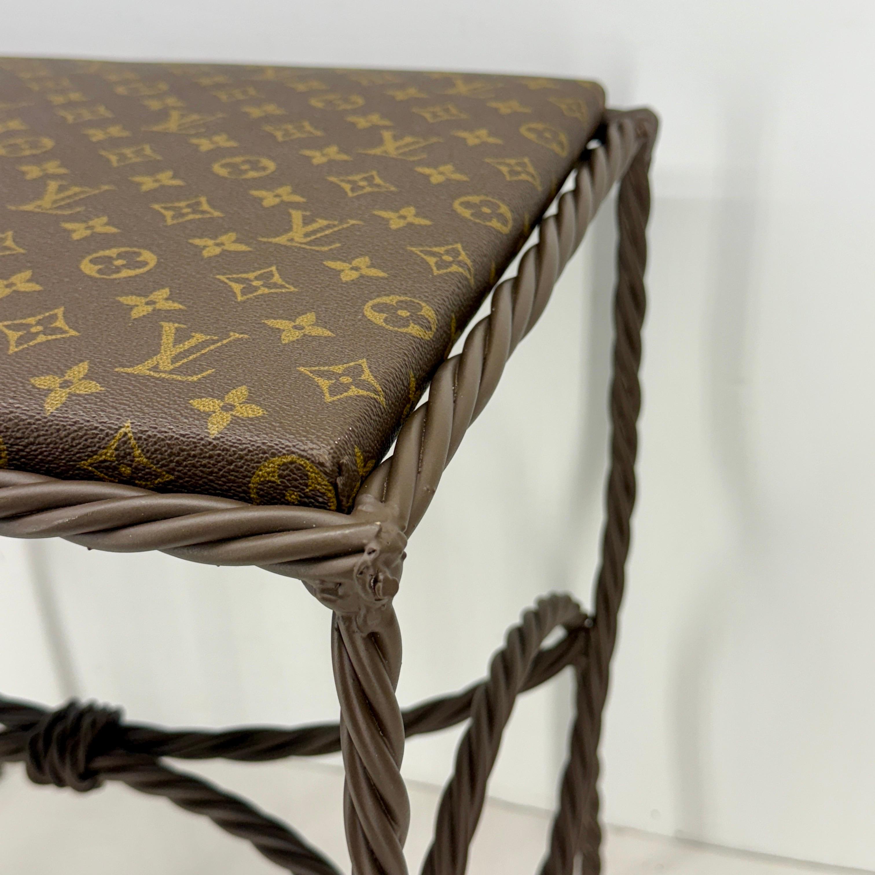 20th Century Iron Bench Side Table Stool- Louis Vuitton Monogram Fabric For Sale