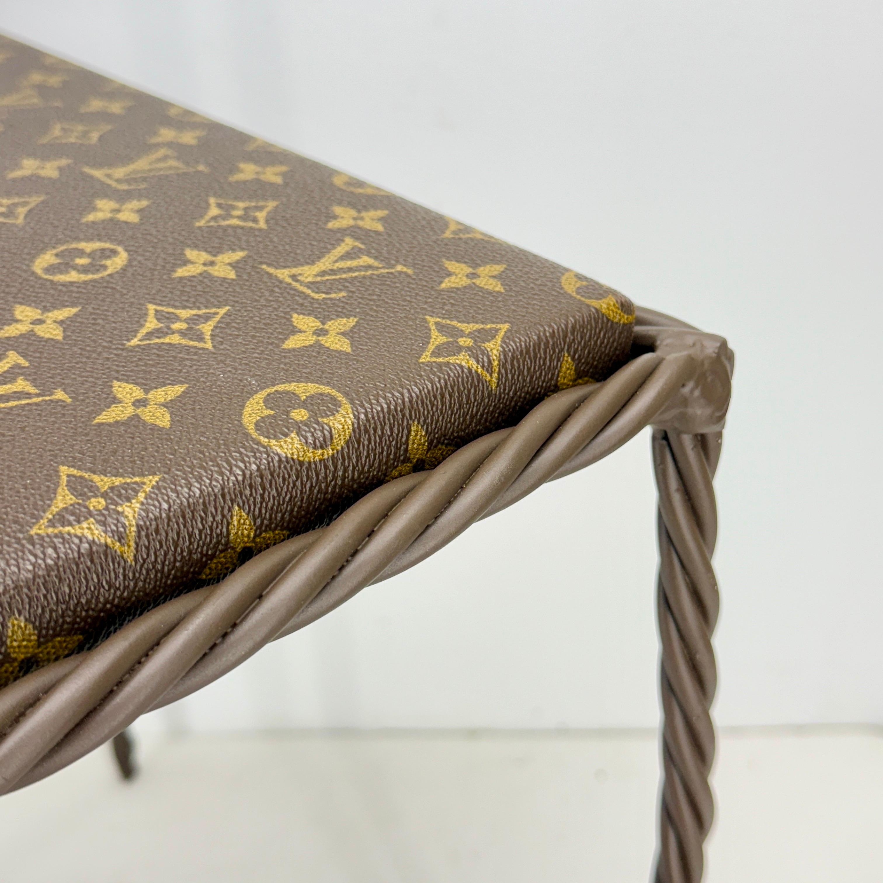 20th Century Iron Bench Side Table Stool- Louis Vuitton Monogram Fabric For Sale