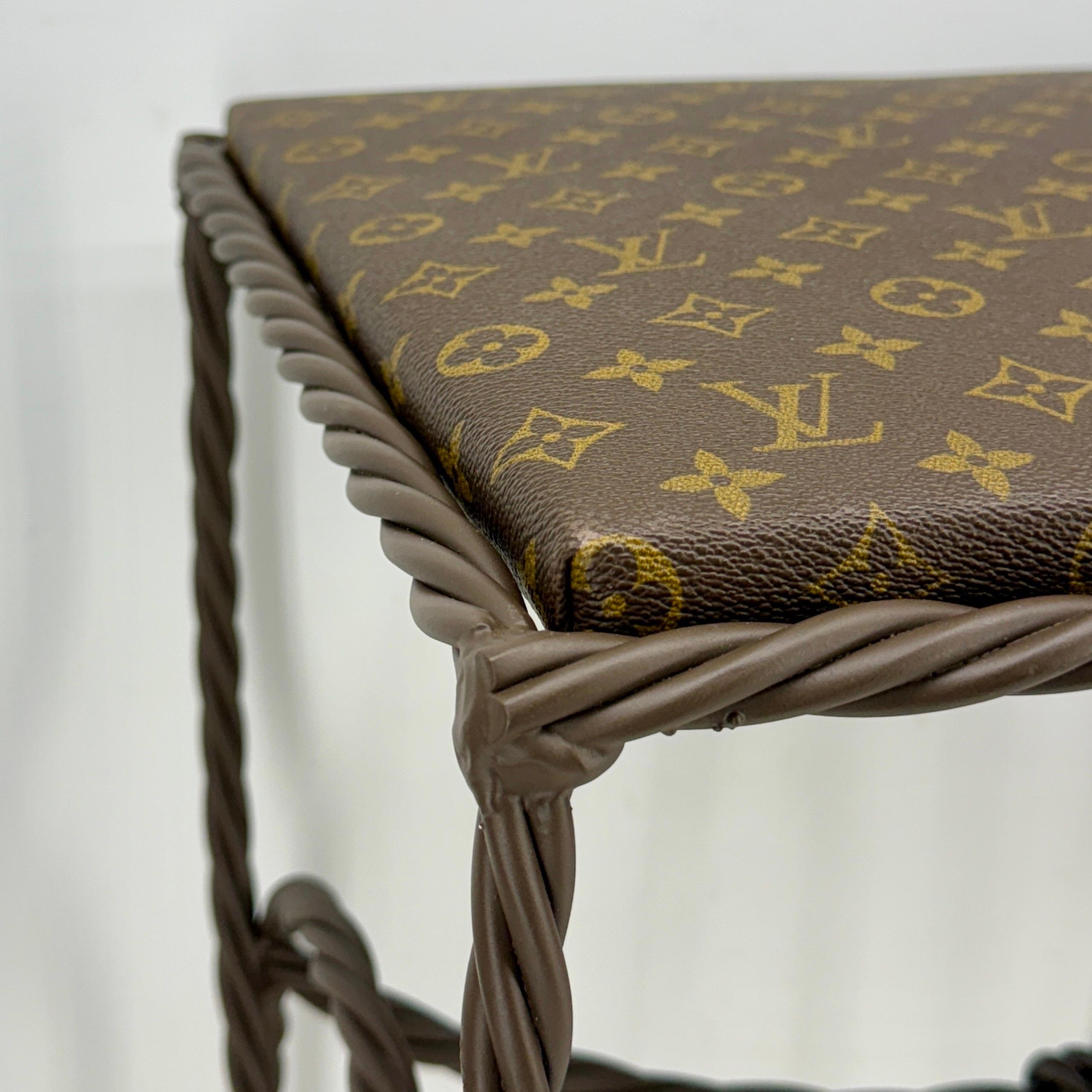 Metal Iron Bench Side Table Stool- Louis Vuitton Monogram Fabric For Sale