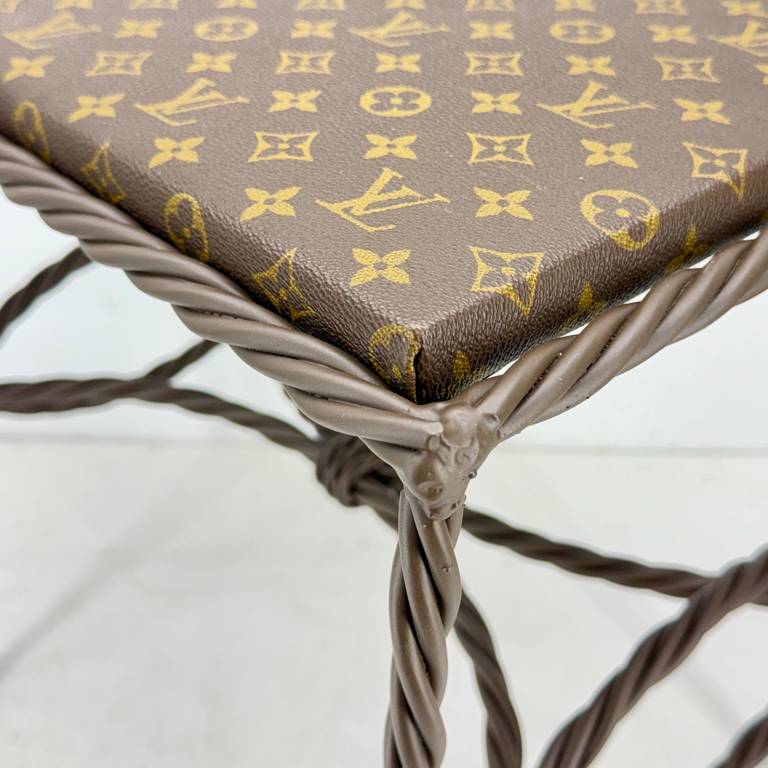 Metal Iron Bench Side Table Stool- Louis Vuitton Monogram Fabric For Sale