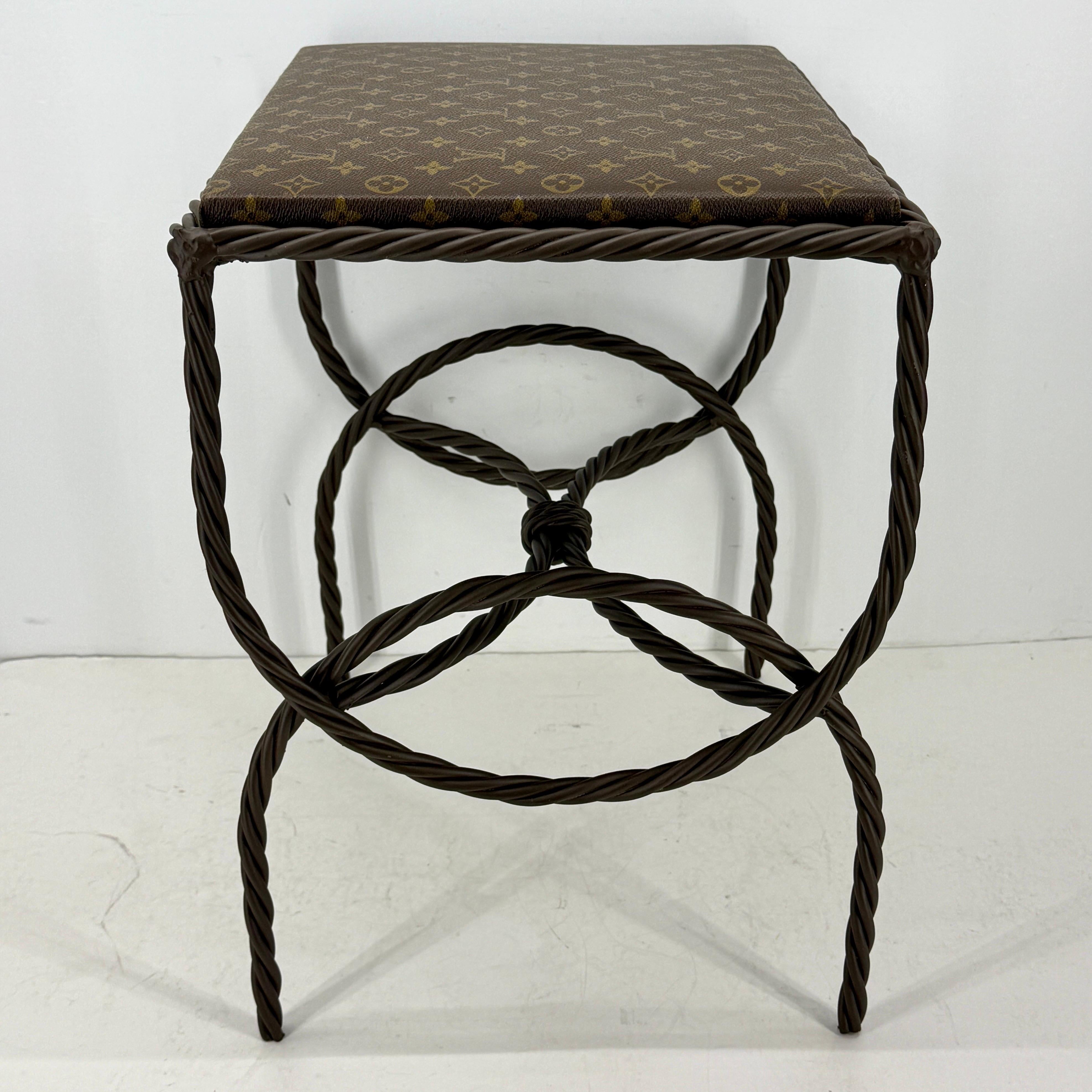 Iron Bench Side Table Stool- Louis Vuitton Monogram Fabric For Sale 1