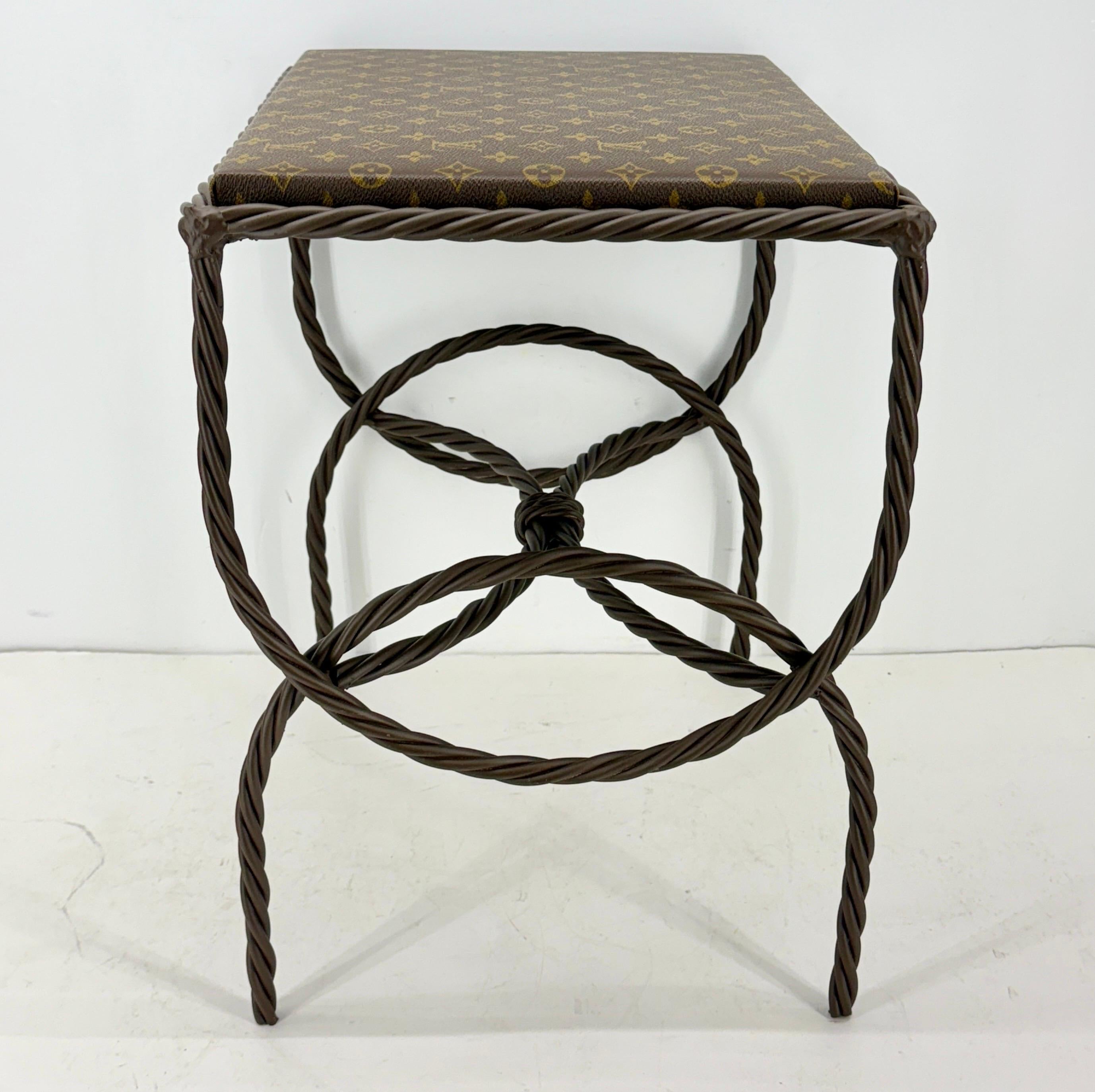 Iron Bench Side Table Stool- Louis Vuitton Monogram Fabric For Sale 1