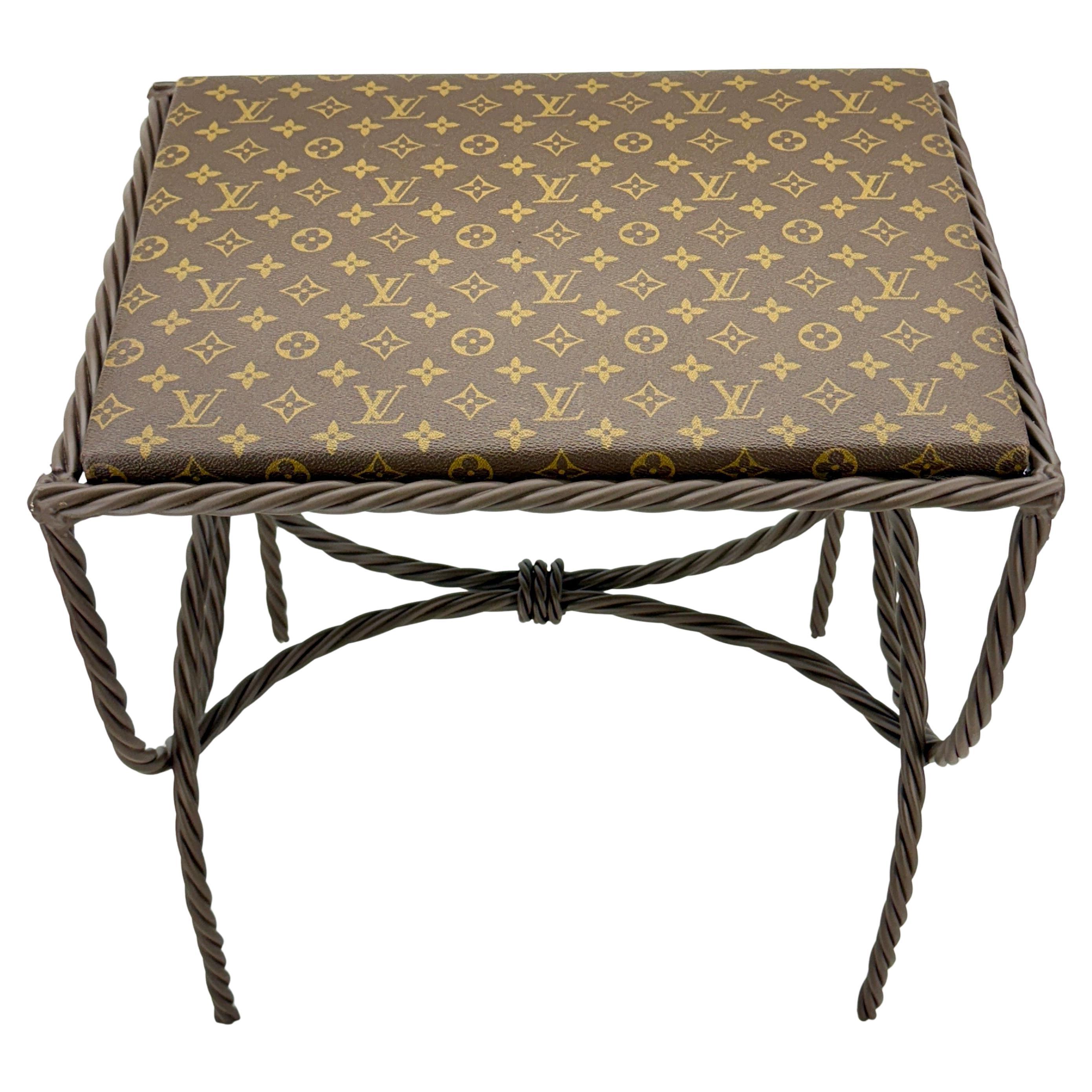 Iron Bench Side Table Stool- Louis Vuitton Monogram Fabric For Sale