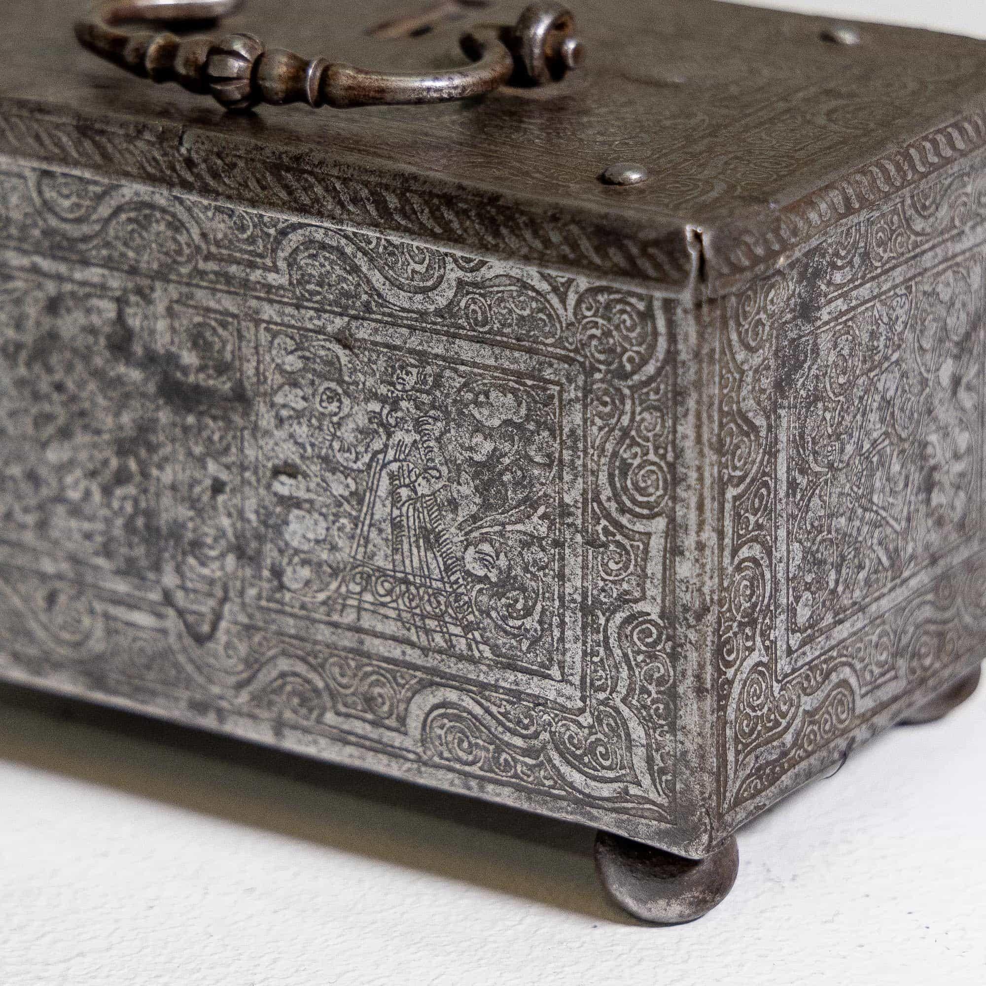 18th Century and Earlier Iron Cassette with Keys and chased Decor, Nuremberg around 1580