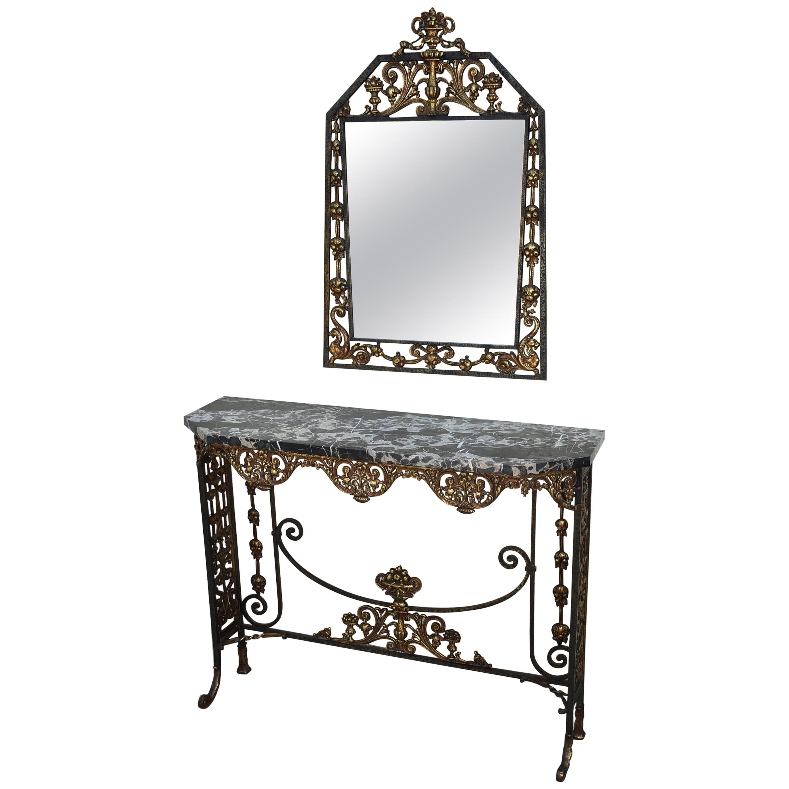 Iron and Bronze Hammered Console Entry Marble-Top Table with Mirror