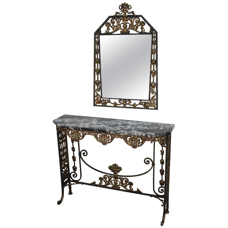 Iron and Bronze Hammered Console Entry Marble-Top Table with Mirror For ...