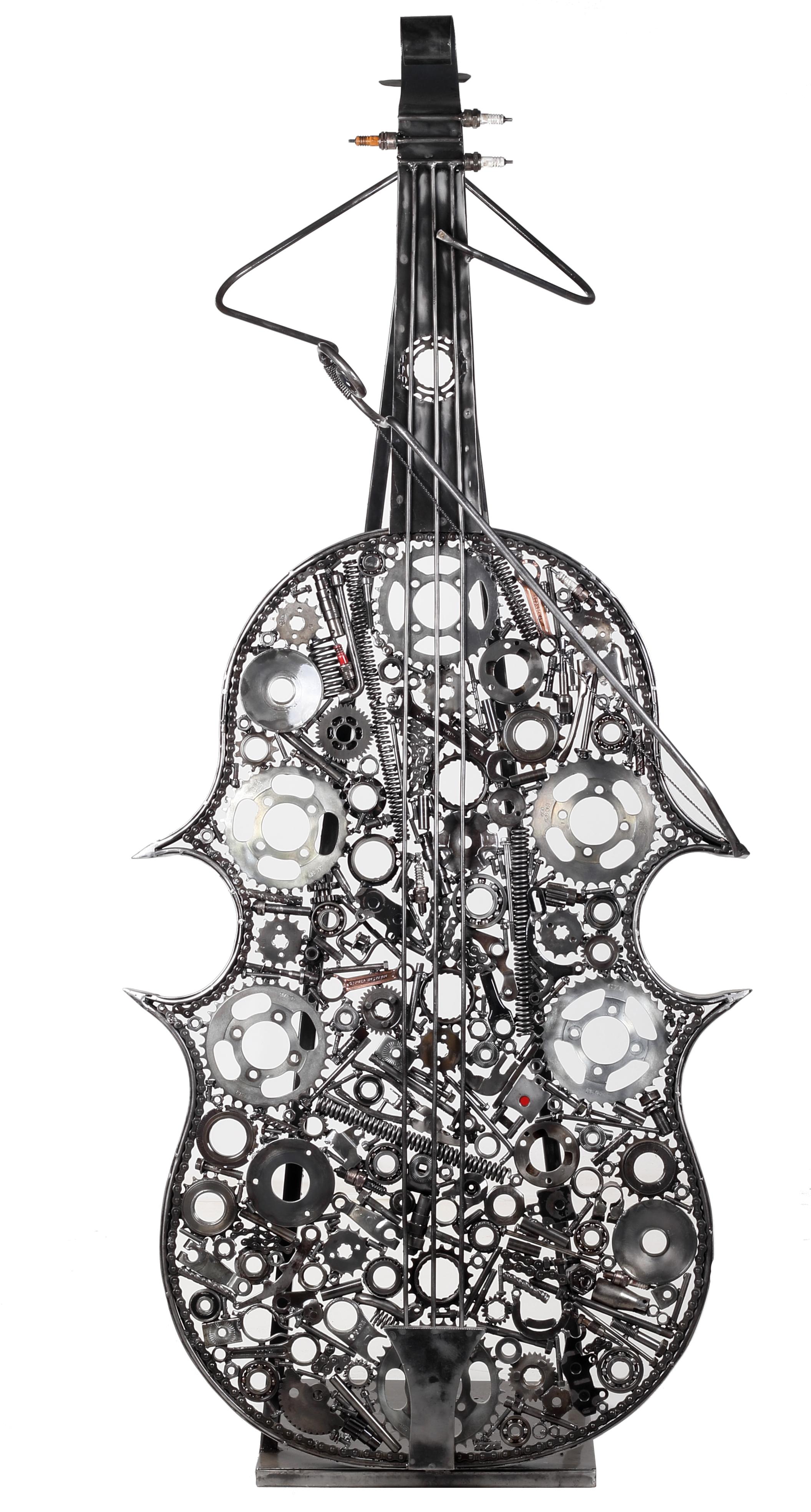 Iron cello sculpture made by hand with recycled motorcycle parts.