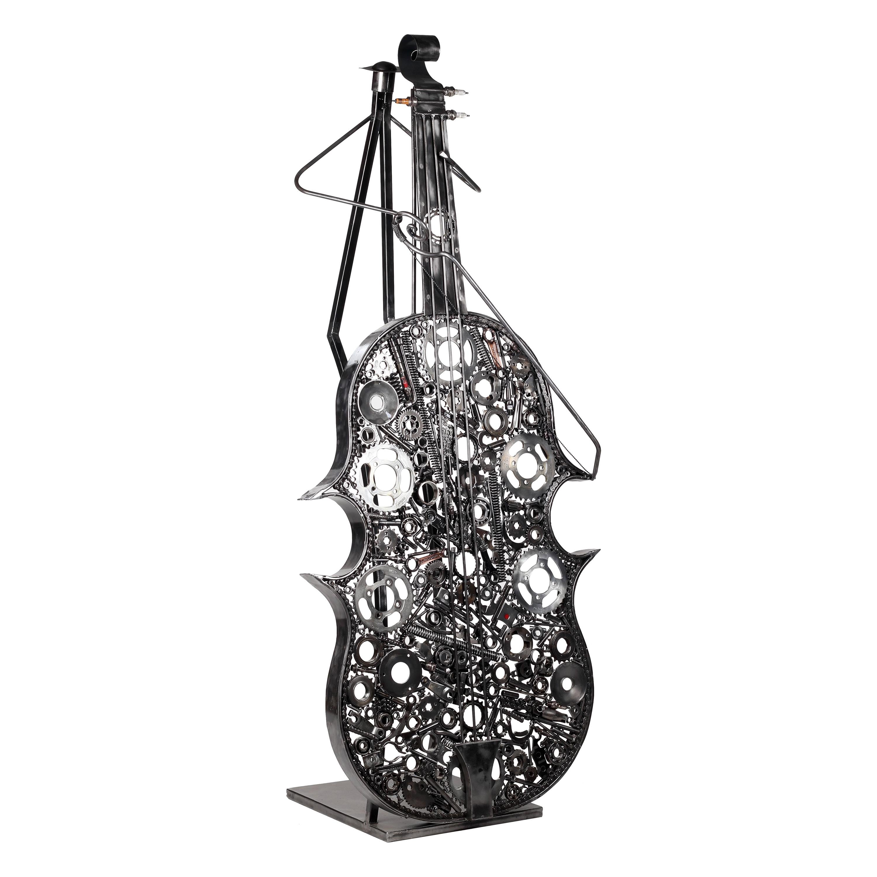 Iron Cello Sculpture Made by Hand with Recycled Motorcycle Parts