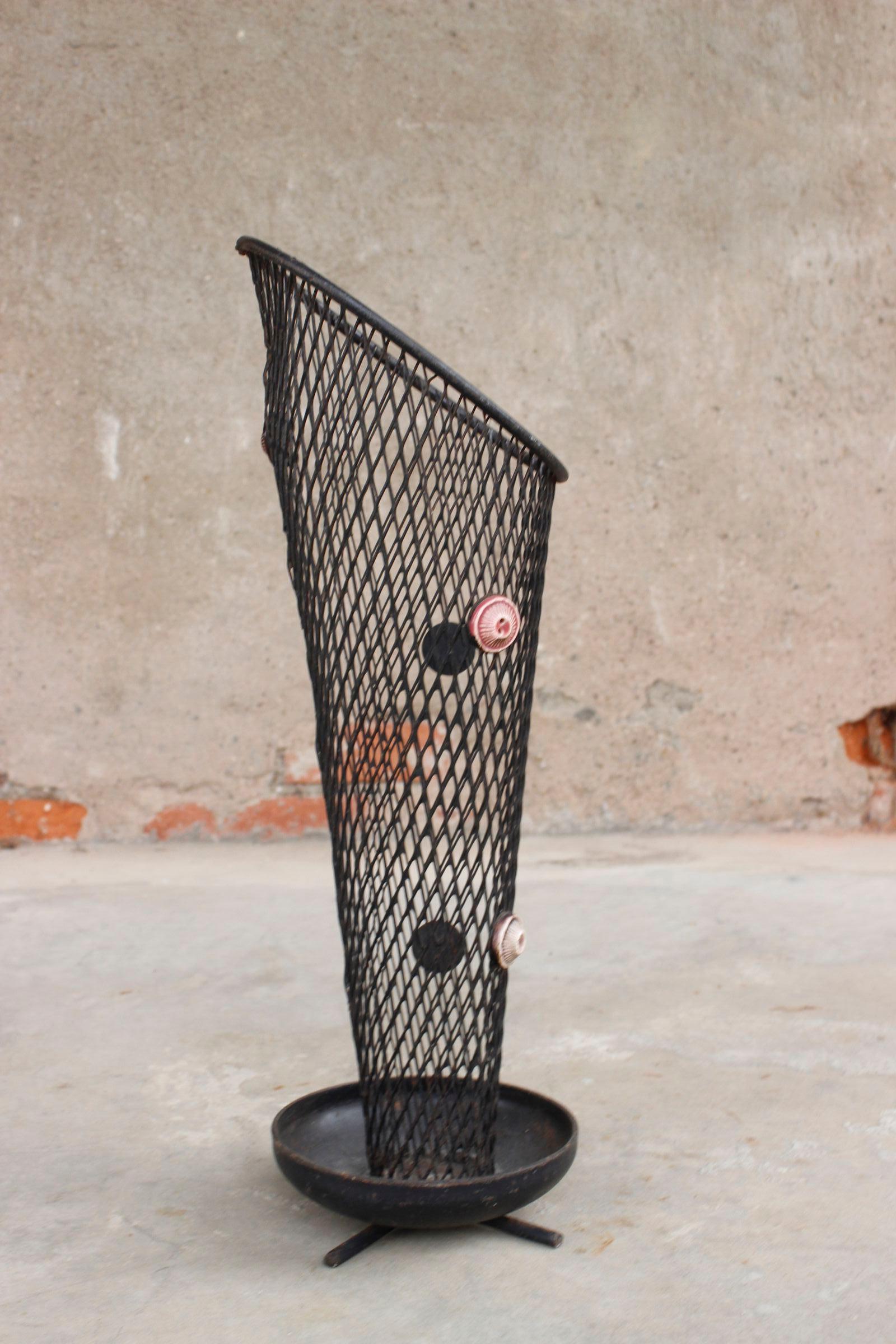 French Iron & ceramic umbrella stand in the style of Mathieu Matégot, France 1950s For Sale