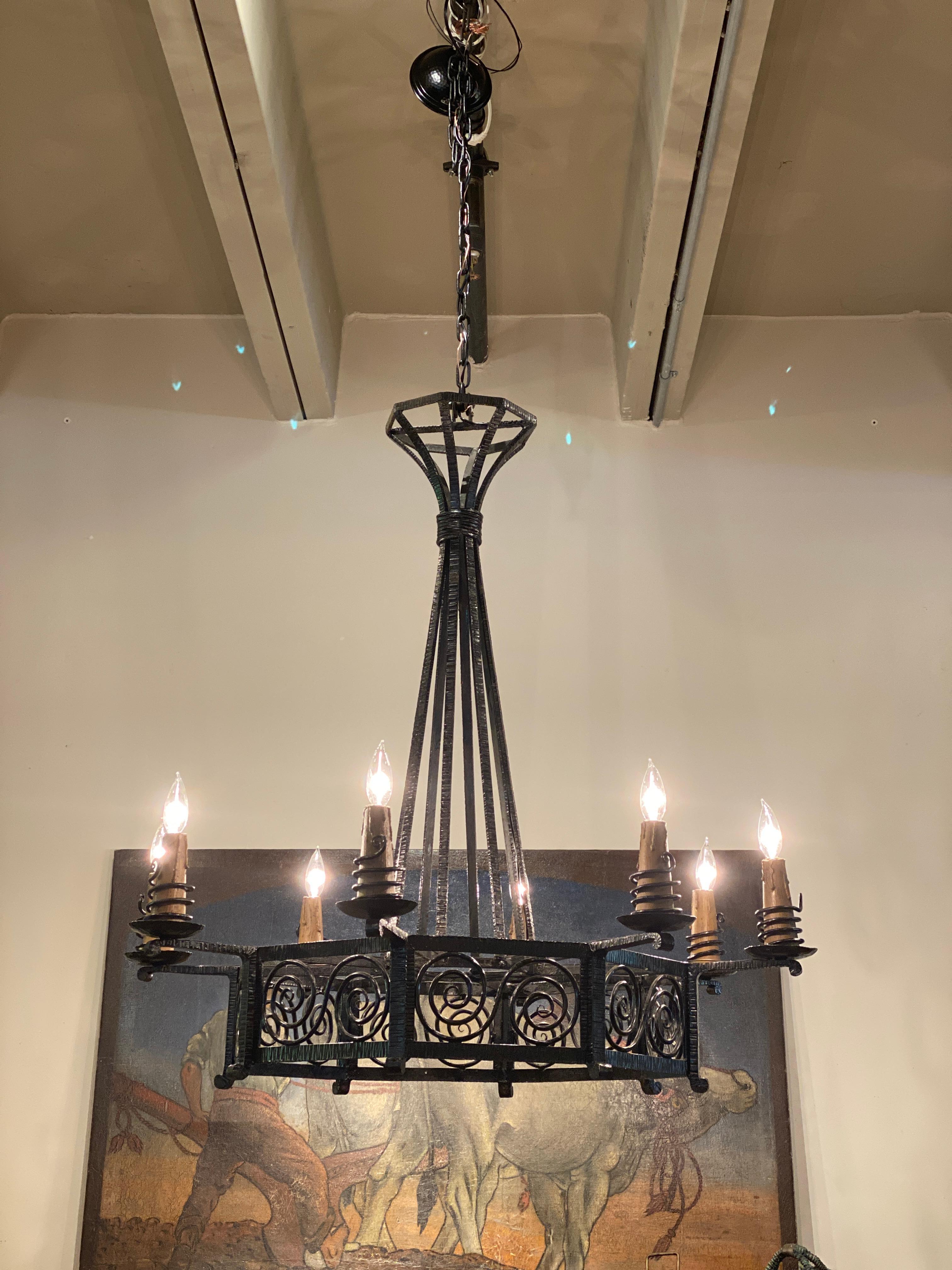 Iron chandelier with scroll detail and original painted metal 