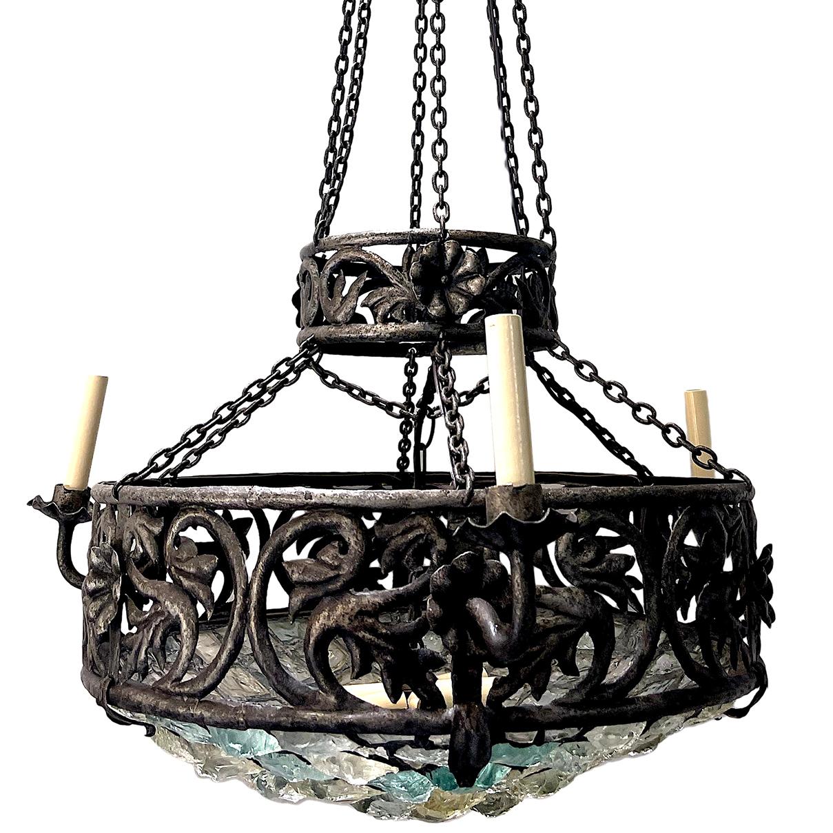 Iron Chandelier with Blue Glass Insets For Sale 1