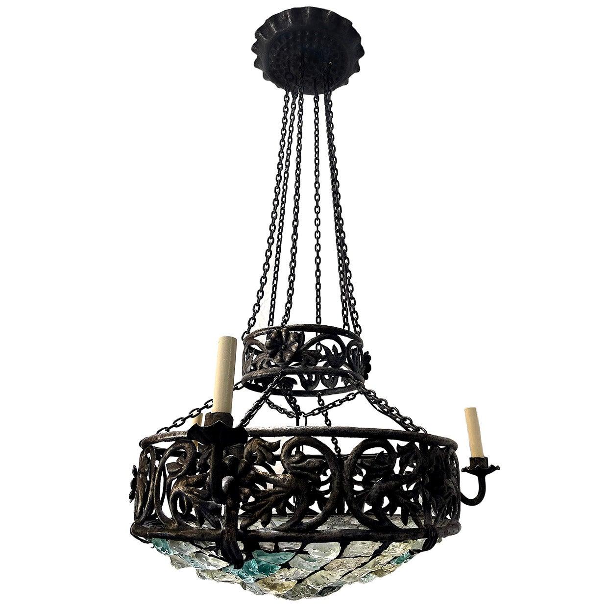 Iron Chandelier with Blue Glass Insets For Sale
