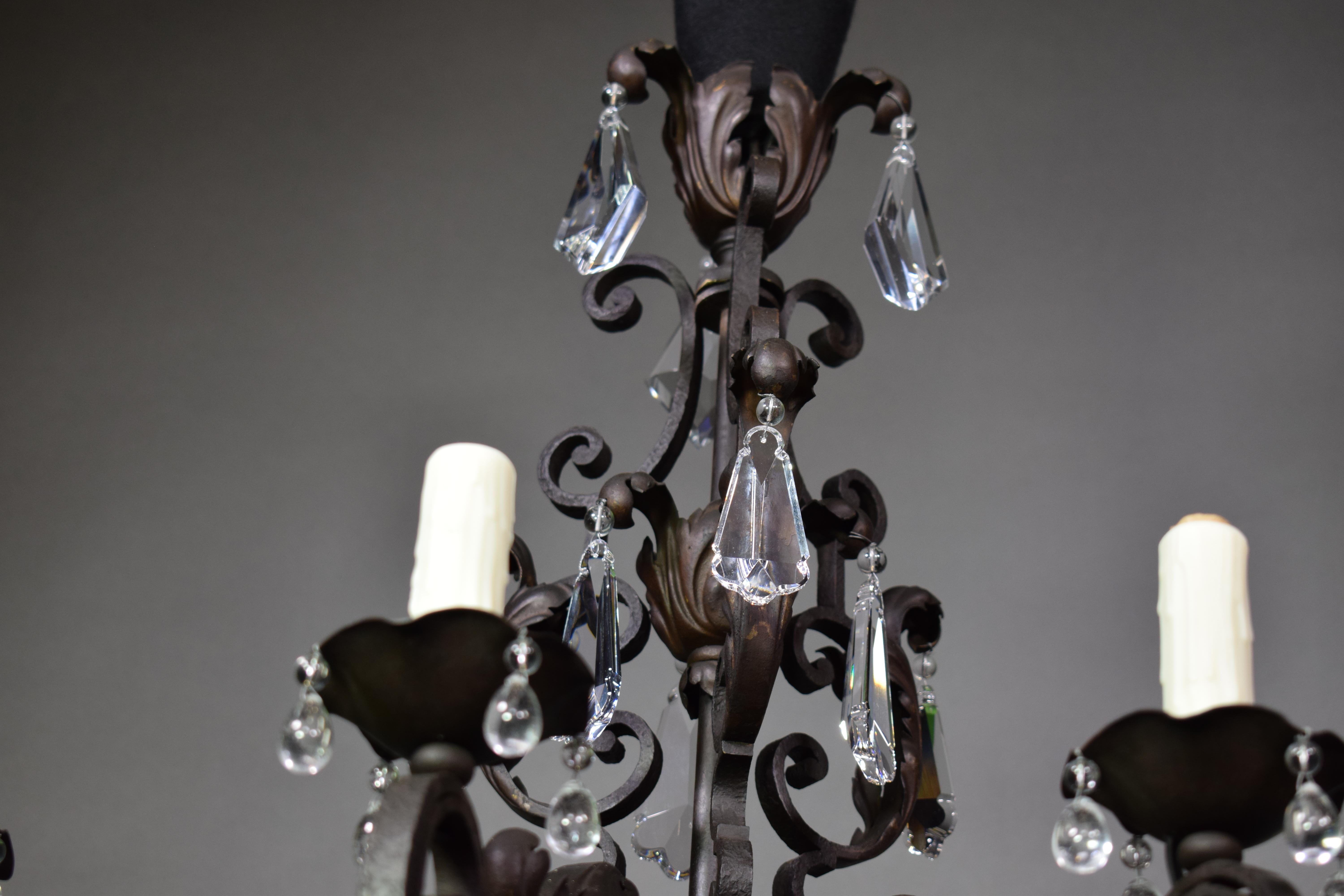 Iron Chandelier with Crystal Pendalogues In Good Condition For Sale In Atlanta, GA