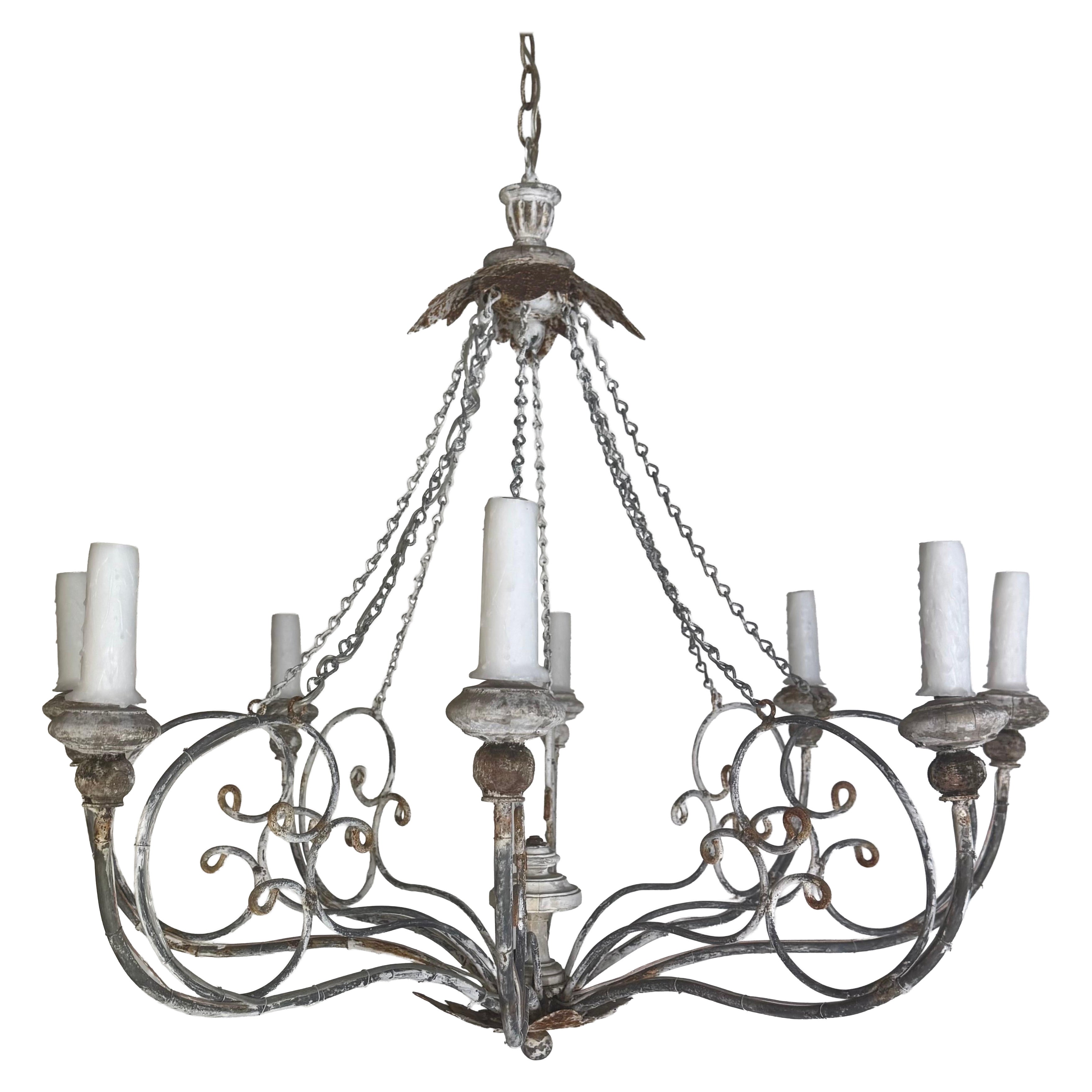 Iron Chandelier with Distressed Whitewash Finish by Miamar Home For Sale