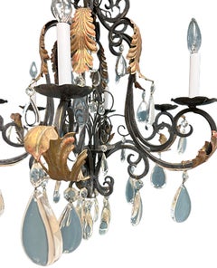 Iron Chandelier with Gilt Acanthus and Glass Droplets