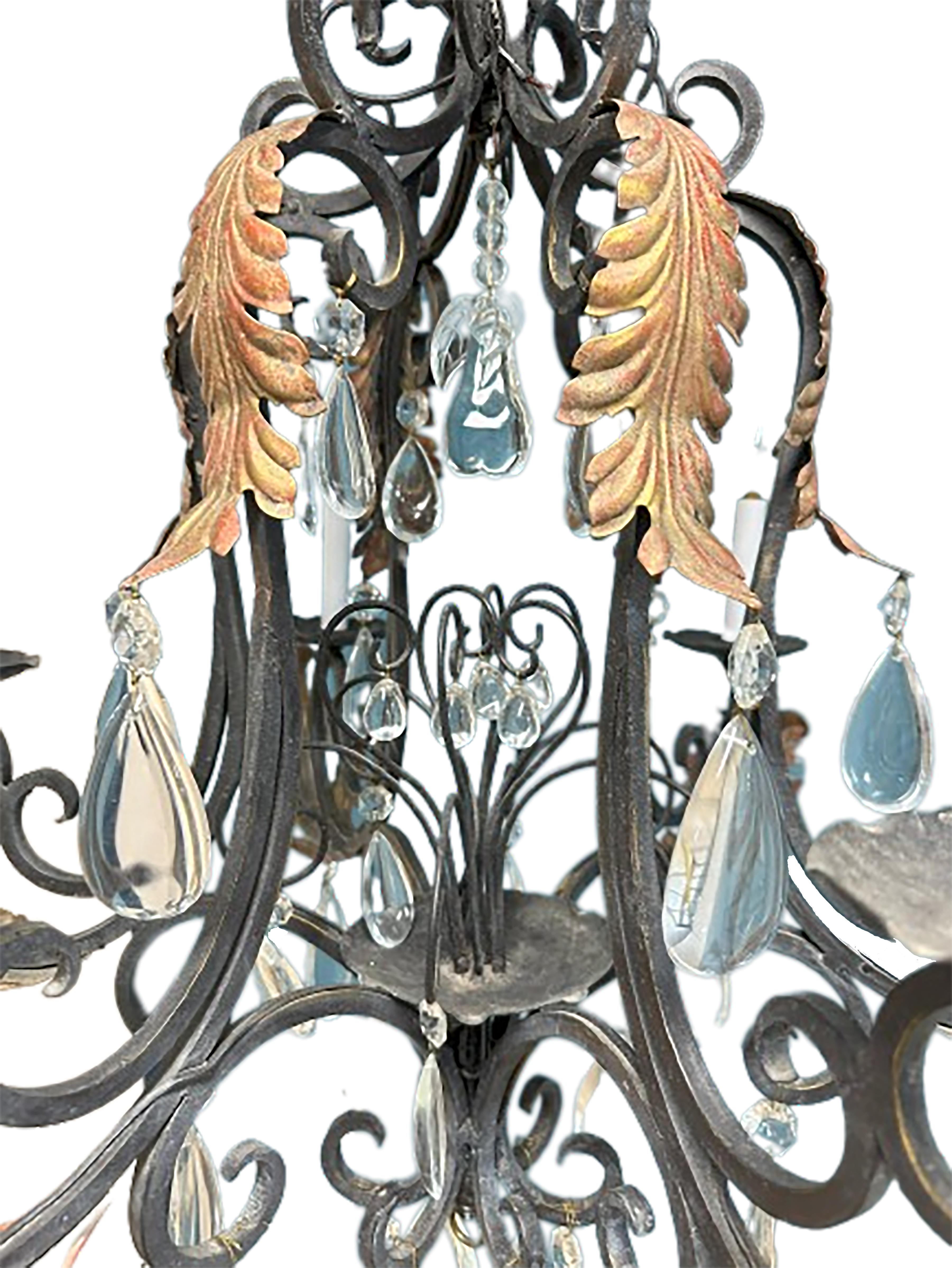 Country Iron Chandelier with Gilt Acanthus and Glass Droplets For Sale