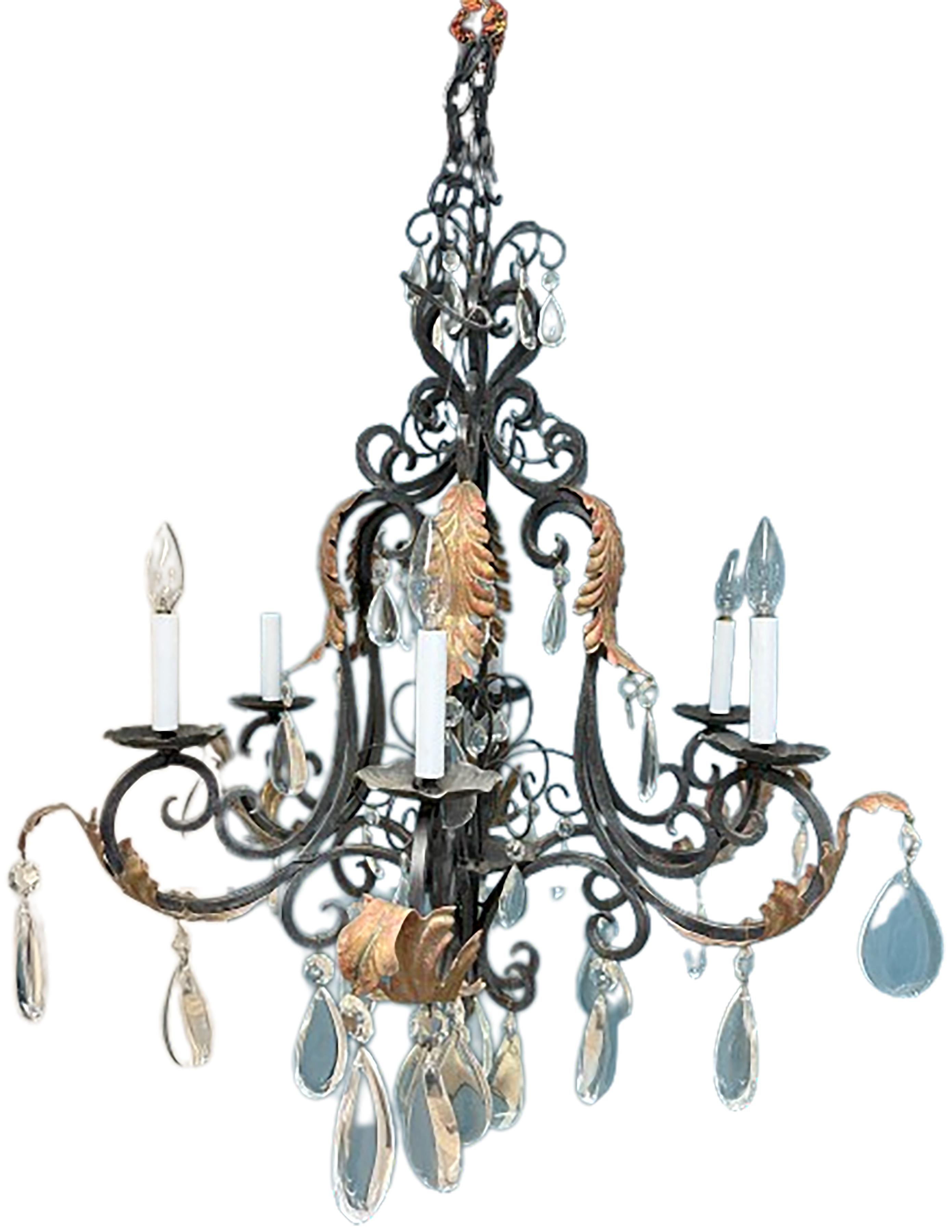 Contemporary Iron Chandelier with Gilt Acanthus and Glass Droplets For Sale