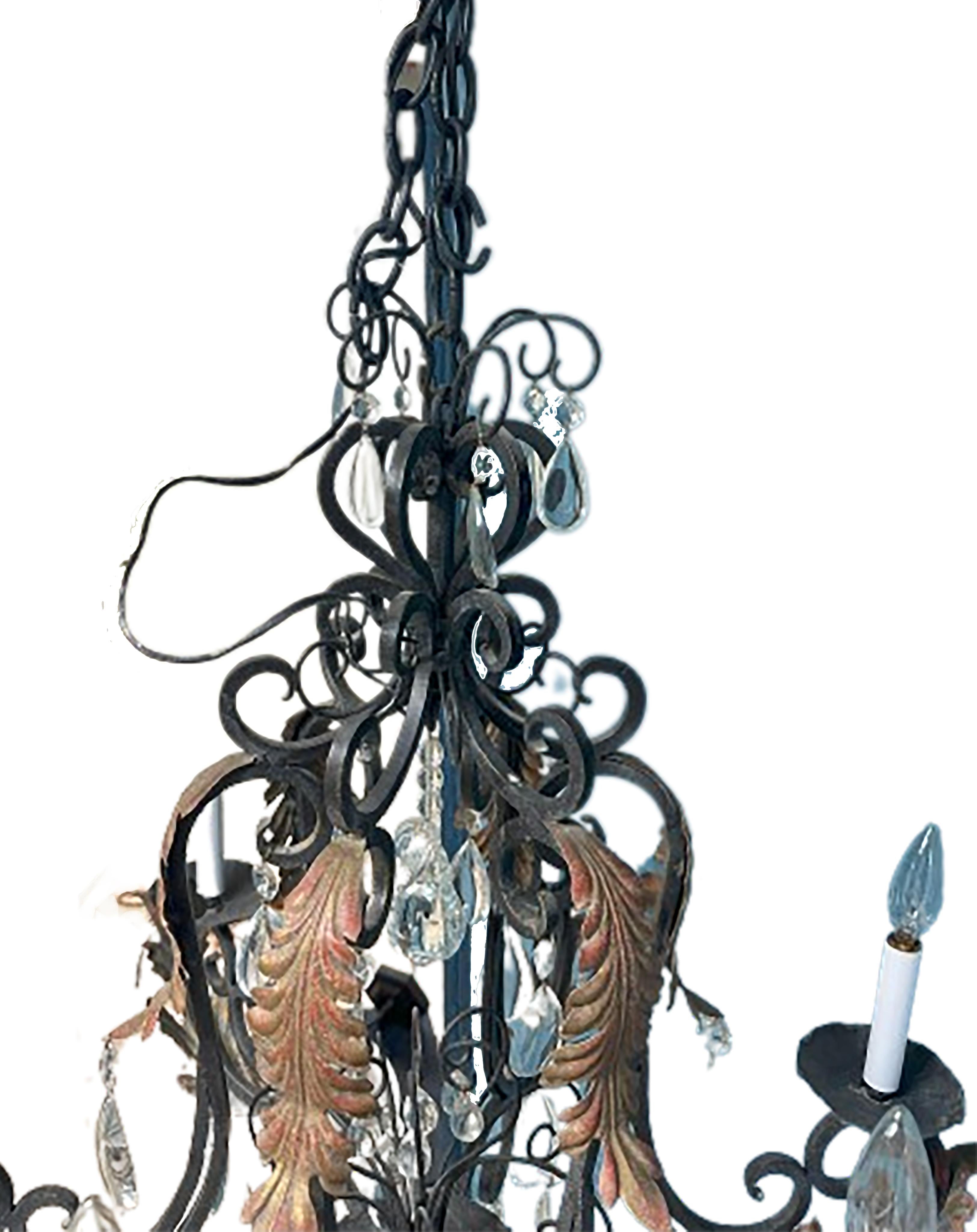 Iron Chandelier with Gilt Acanthus and Glass Droplets For Sale 2