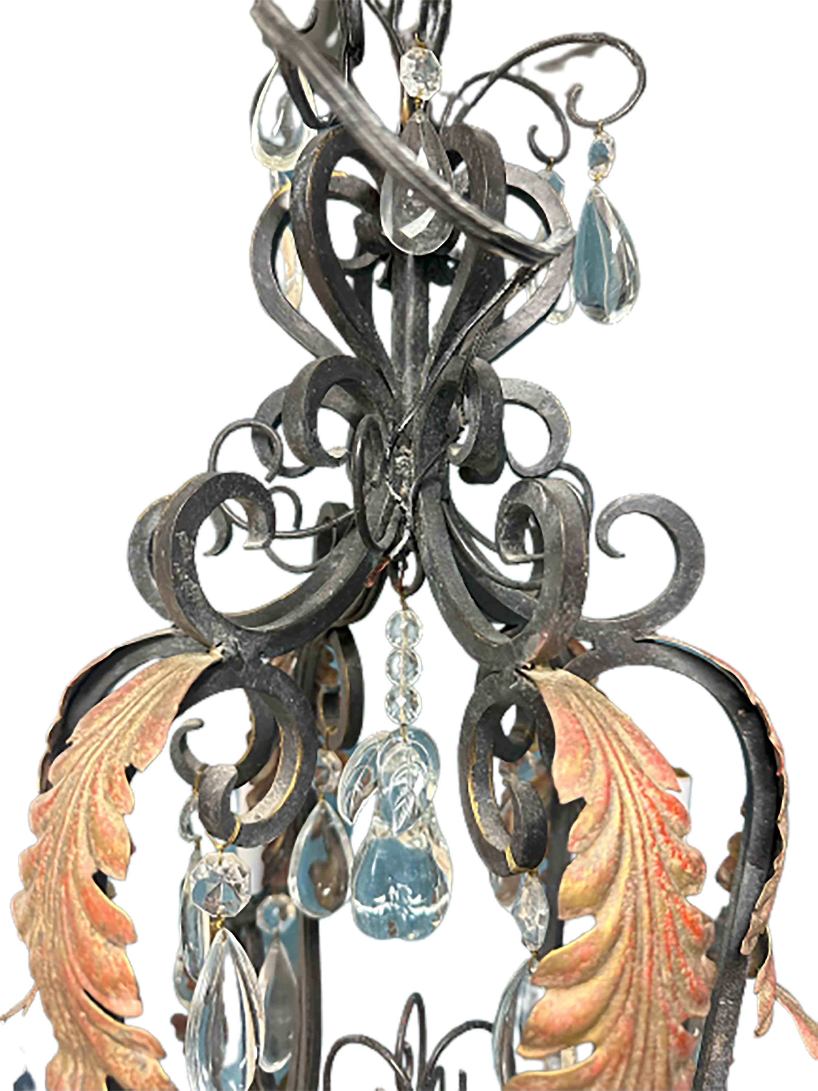 Iron Chandelier with Gilt Acanthus and Glass Droplets For Sale 3