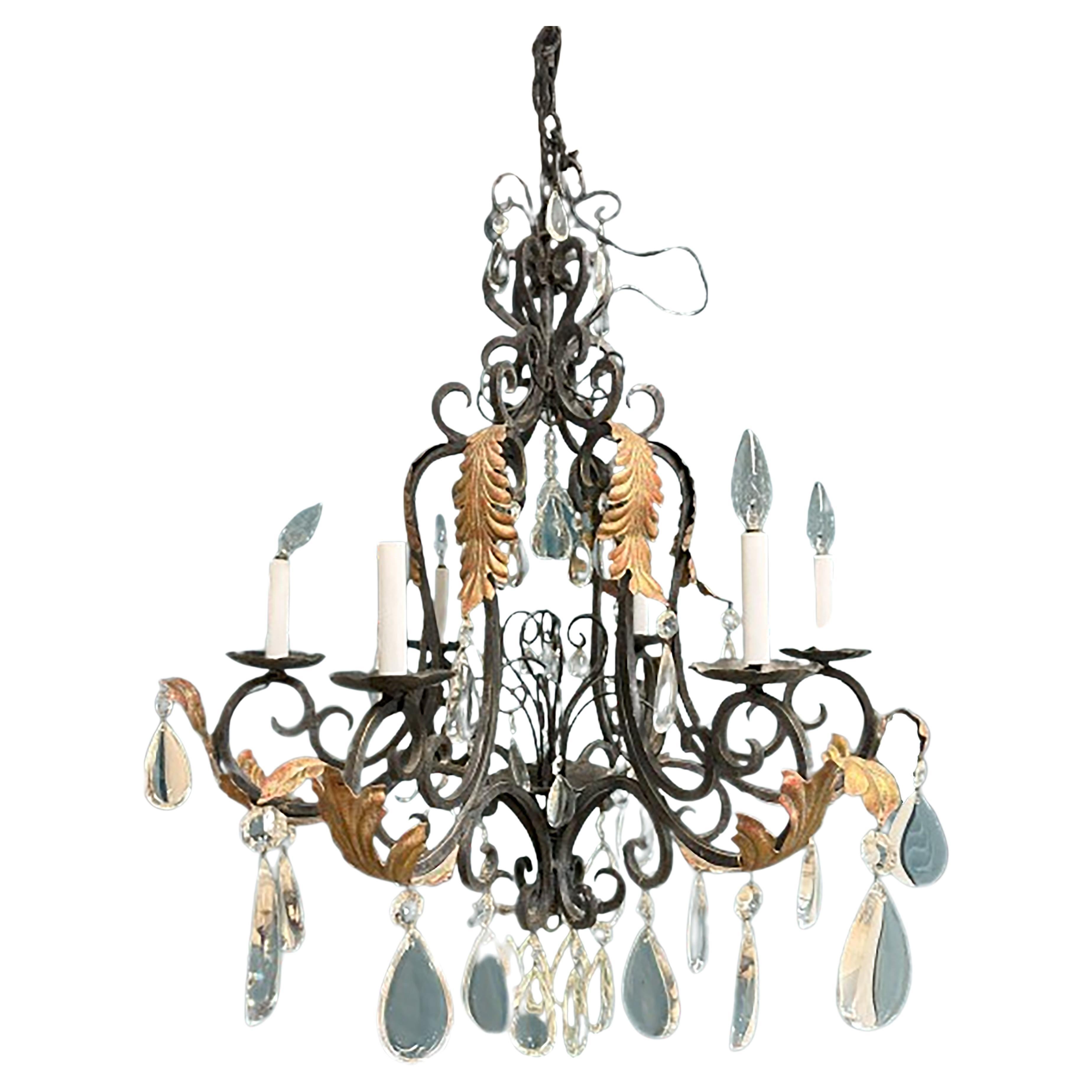 Iron Chandelier with Gilt Acanthus and Glass Droplets
