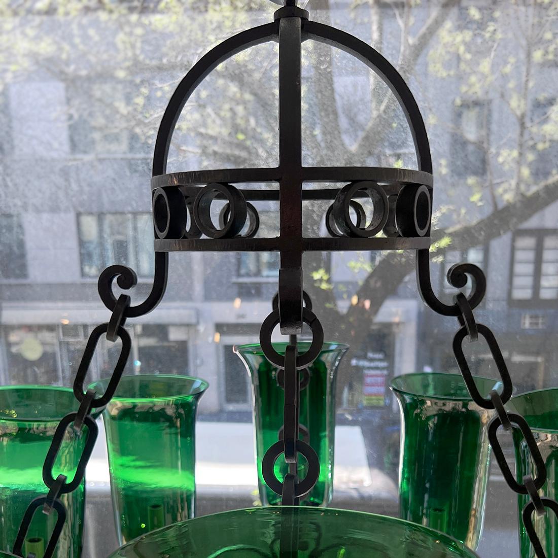 Italian Iron Chandelier with Green Glass Hurricanes For Sale