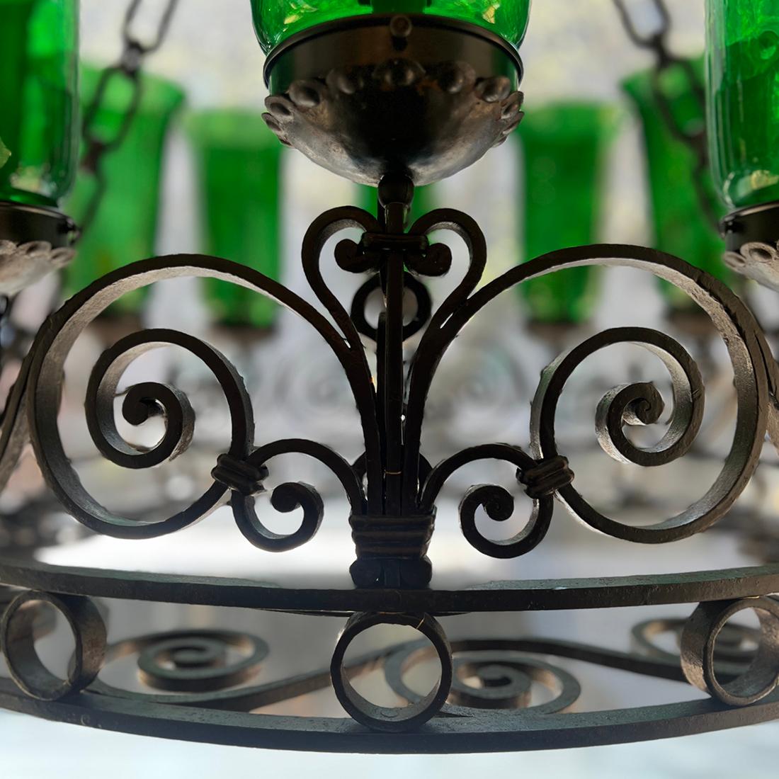 Iron Chandelier with Green Glass Hurricanes In Good Condition For Sale In New York, NY