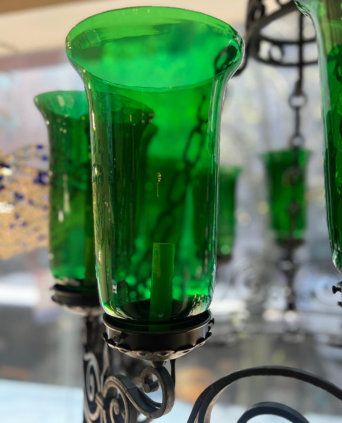 Mid-20th Century Iron Chandelier with Green Glass Hurricanes For Sale