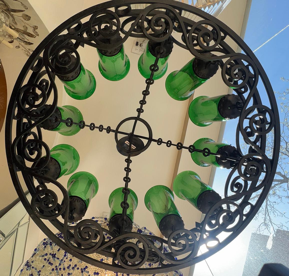 Iron Chandelier with Green Glass Hurricanes For Sale 1