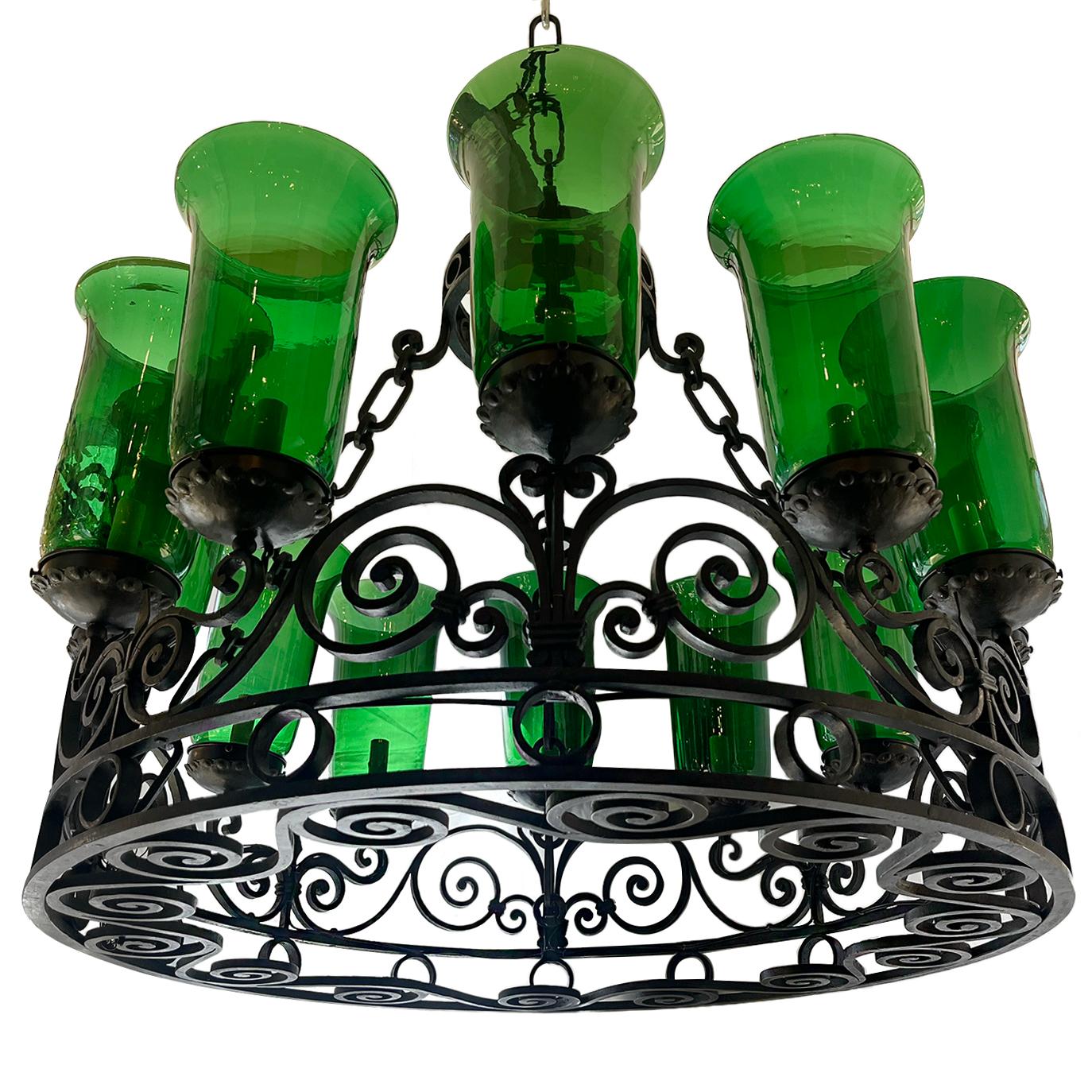 Iron Chandelier with Green Glass Hurricanes For Sale 2