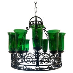 Iron Chandelier with Green Glass Hurricanes