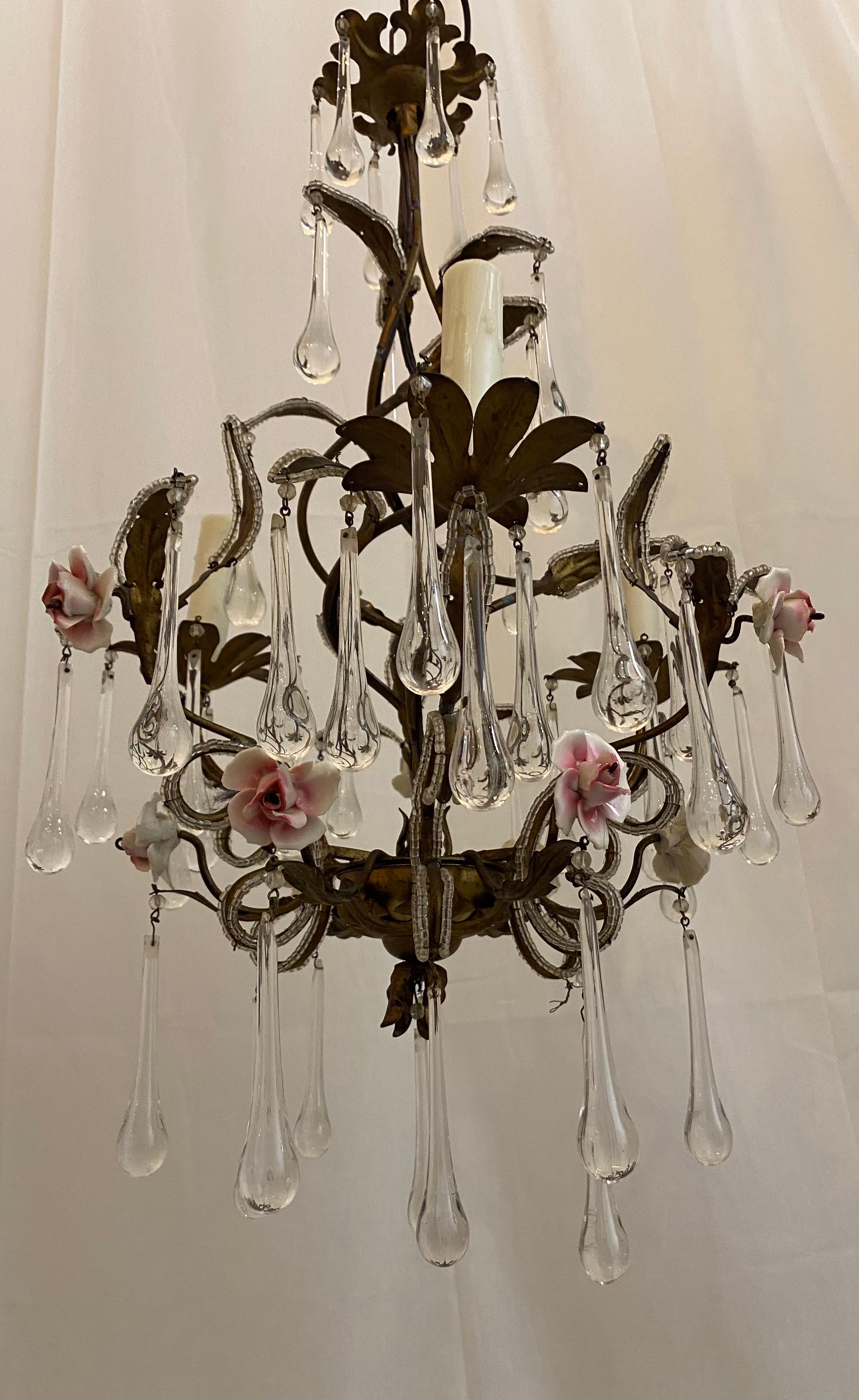 Italian Iron Chandelier with Pink Roses For Sale