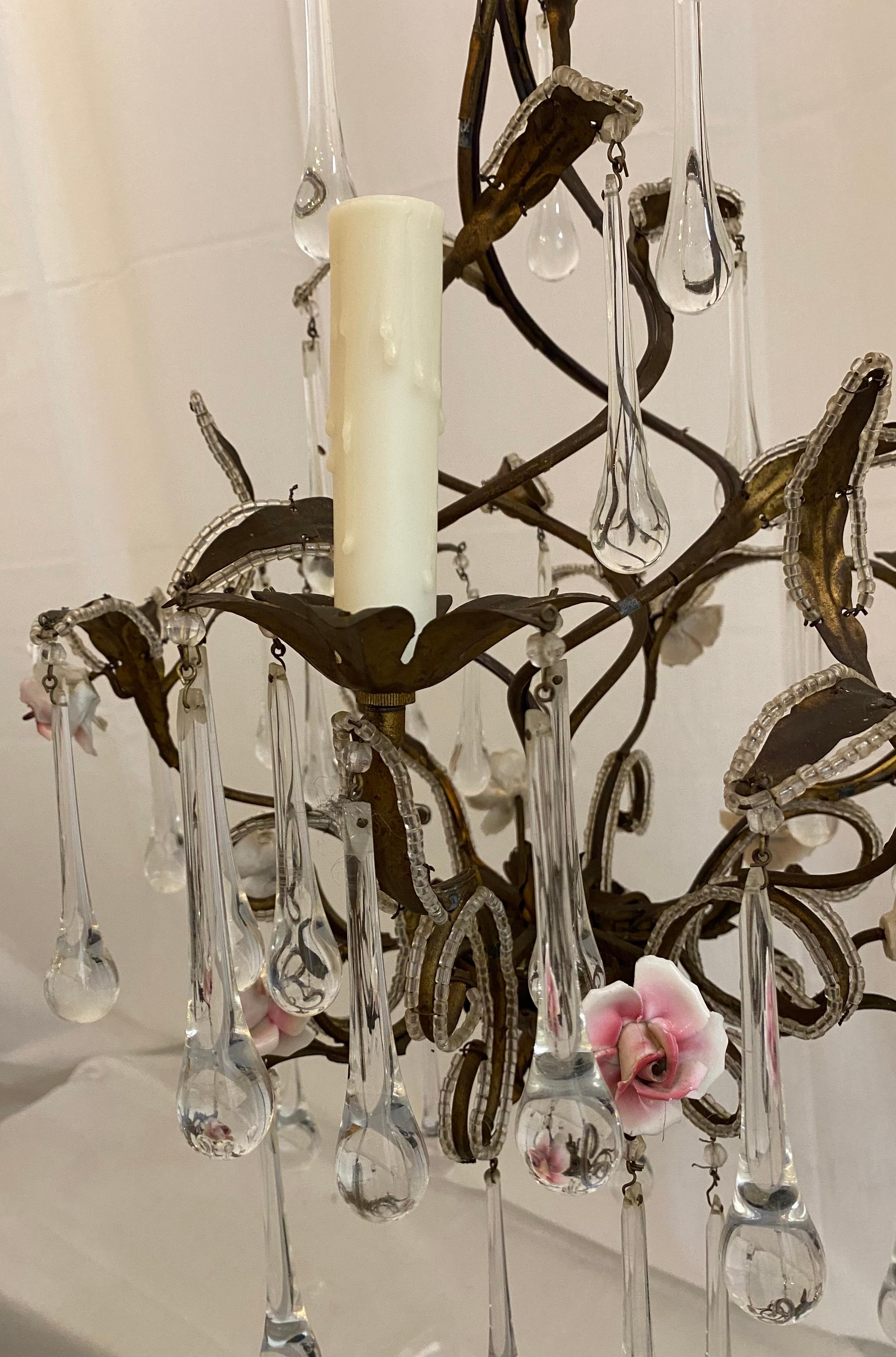 Iron Chandelier with Pink Roses In Excellent Condition For Sale In Dallas, TX