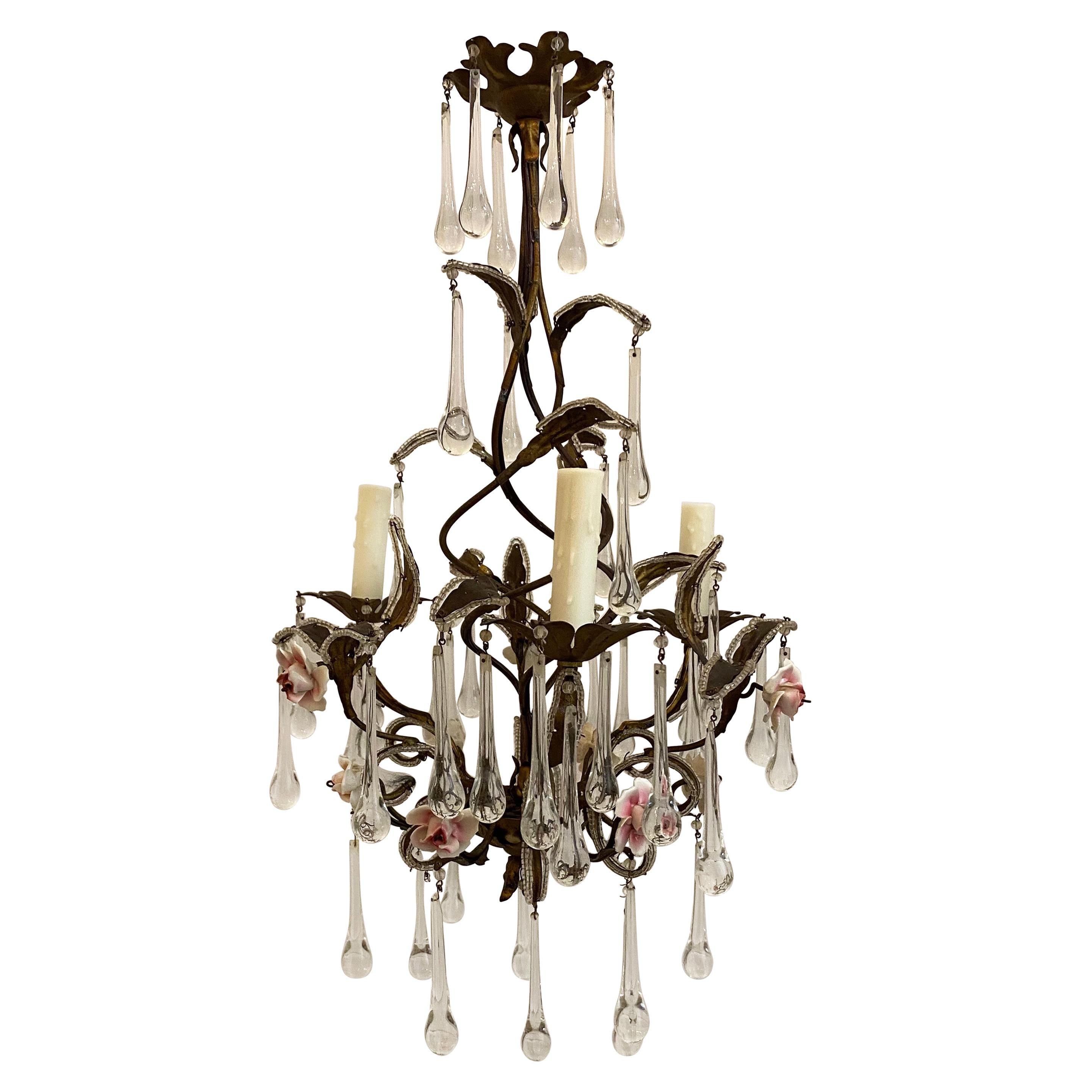 Iron Chandelier with Pink Roses For Sale