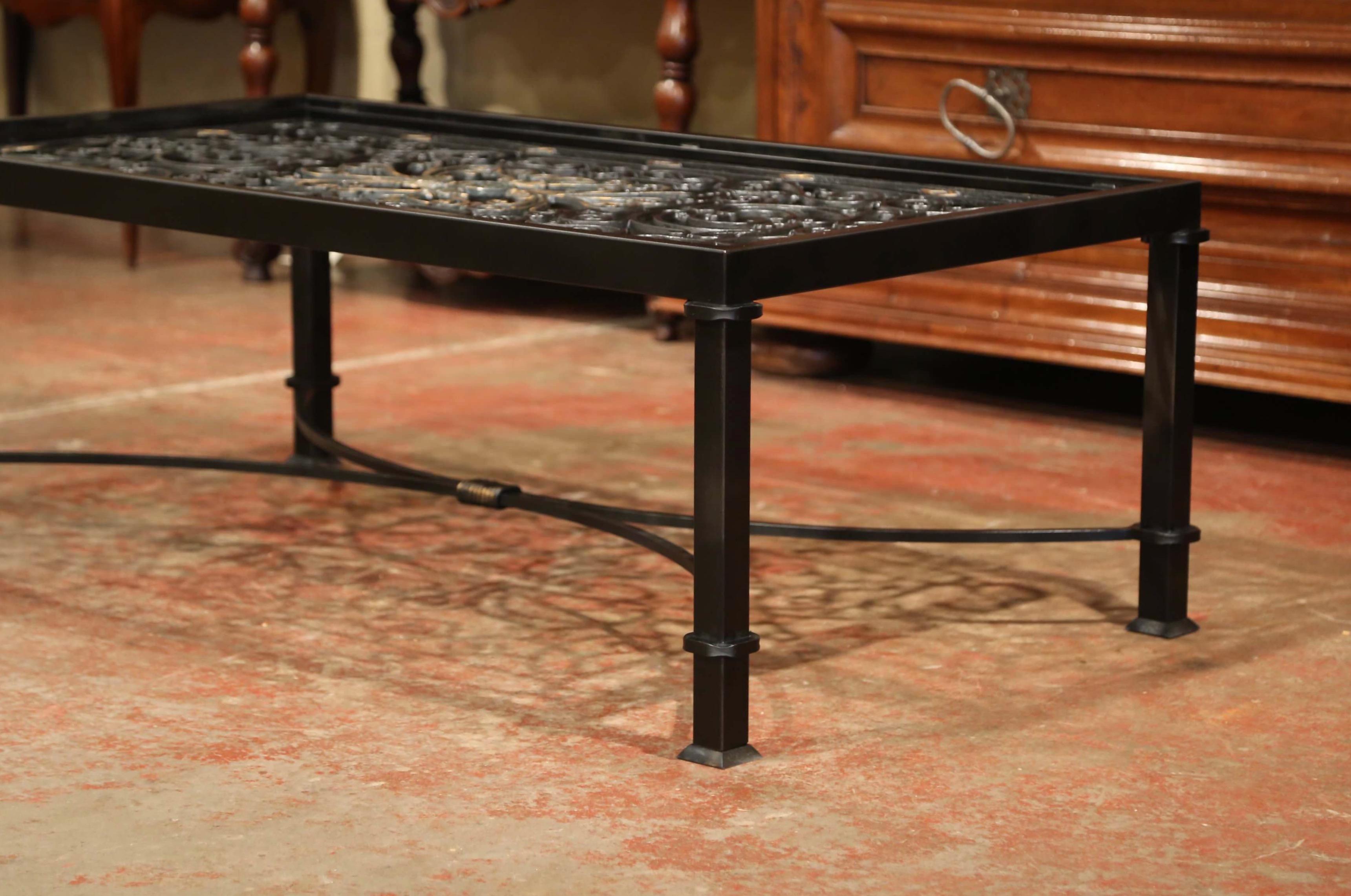 Glass Top Painted Iron Coffee Table Made with 19th Century French Gate Balcony 4