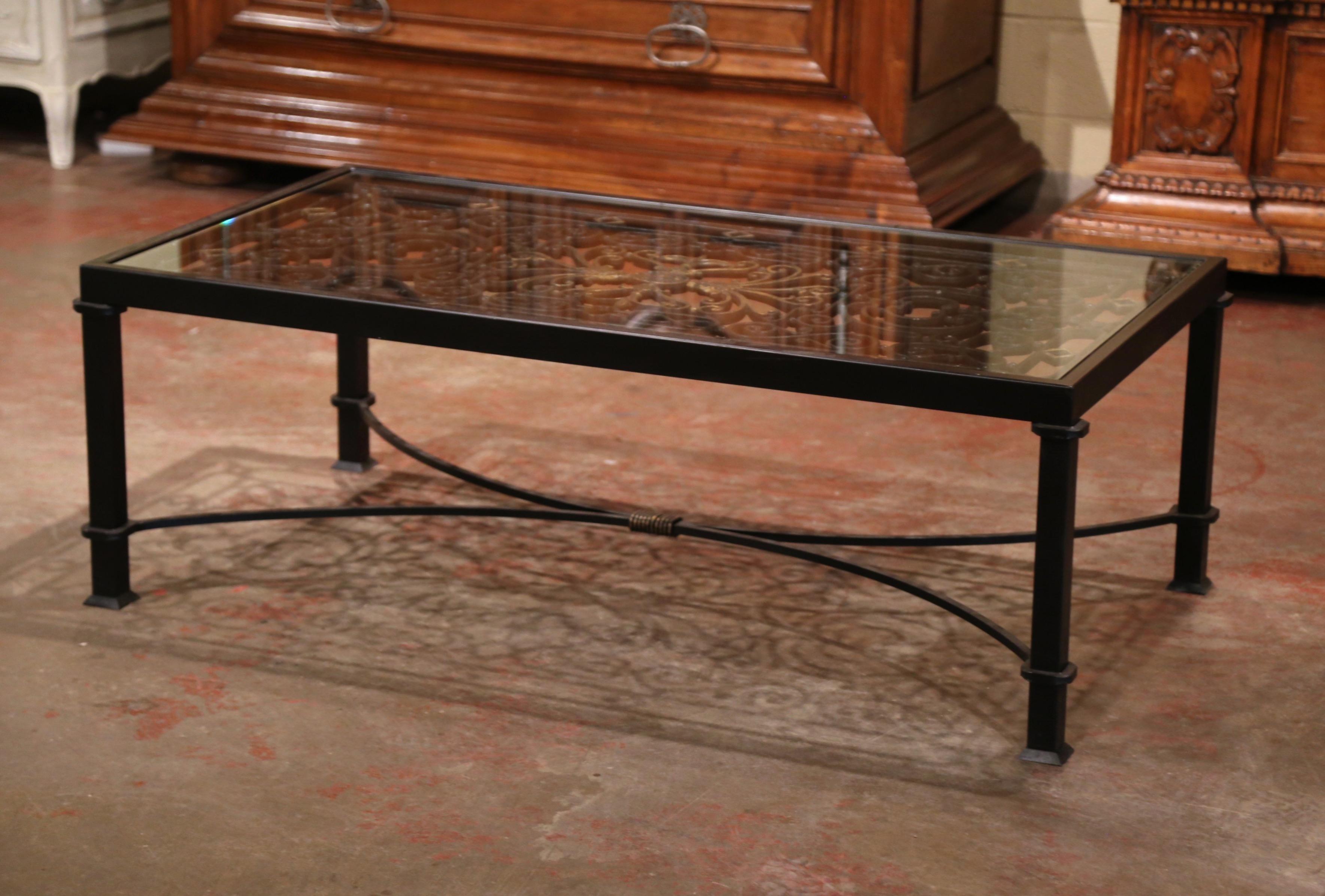 Hand-Crafted Glass Top Painted Iron Coffee Table Made with 19th Century French Gate Balcony