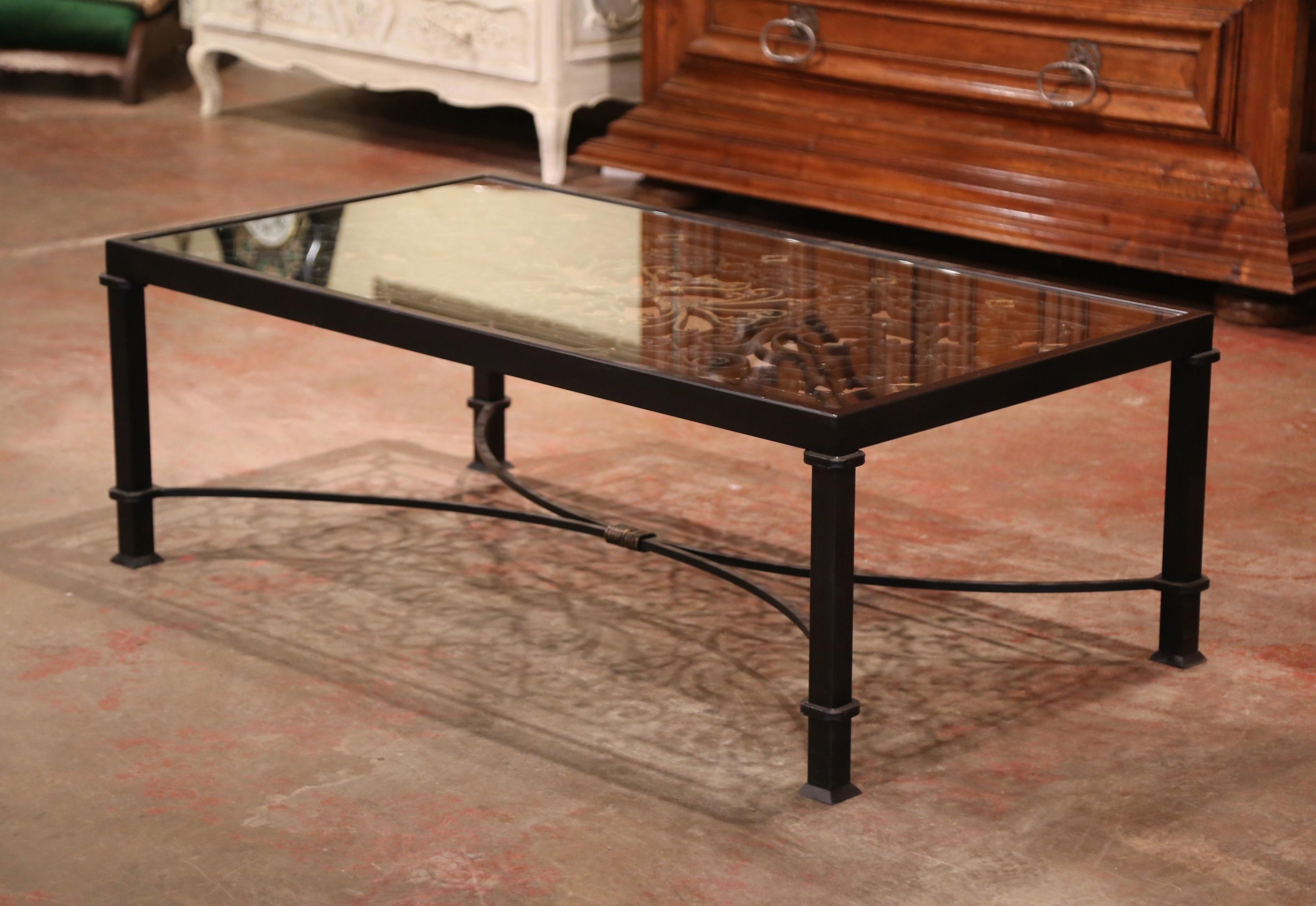 Glass Top Painted Iron Coffee Table Made with 19th Century French Gate Balcony In Excellent Condition In Dallas, TX