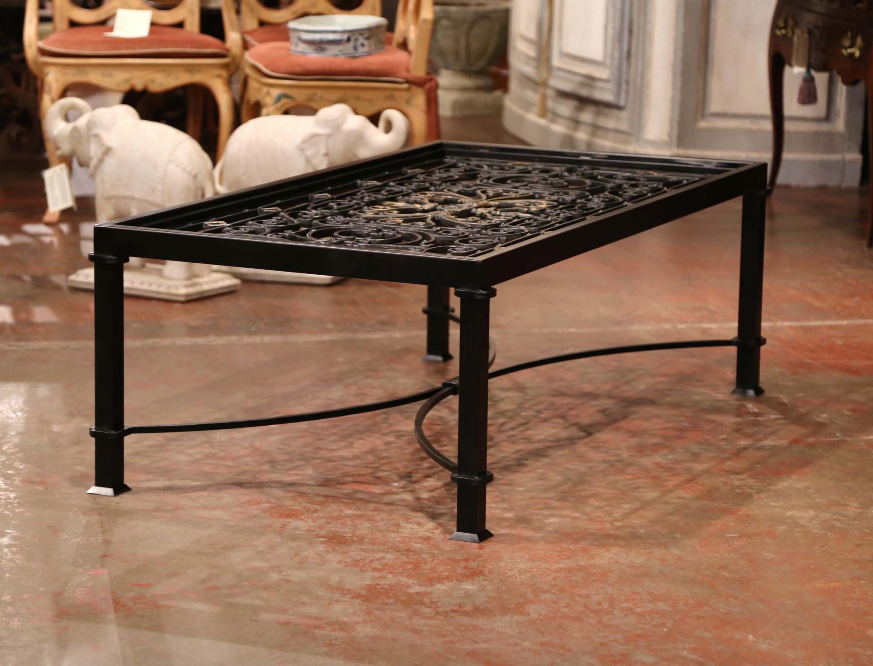 Glass Top Painted Iron Coffee Table Made with 19th Century French Gate Balcony 3