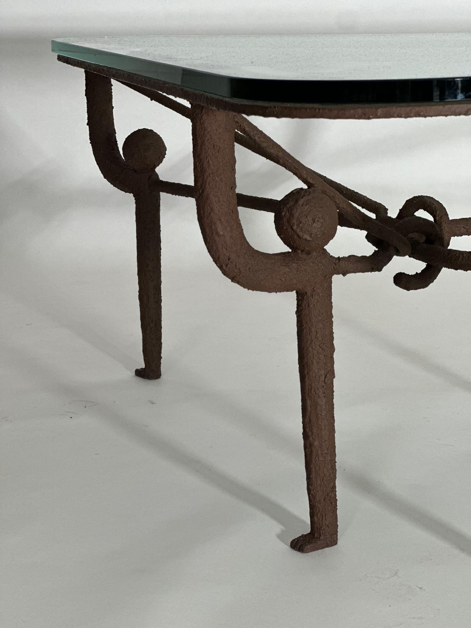 Iron Coffee Table w/Brown Painted Plaster Finish Manner of Diego Giacometti In Good Condition For Sale In Chicago, IL