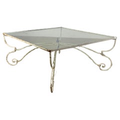 Iron coffee table with original finish, square transparent glass, France, 1960s