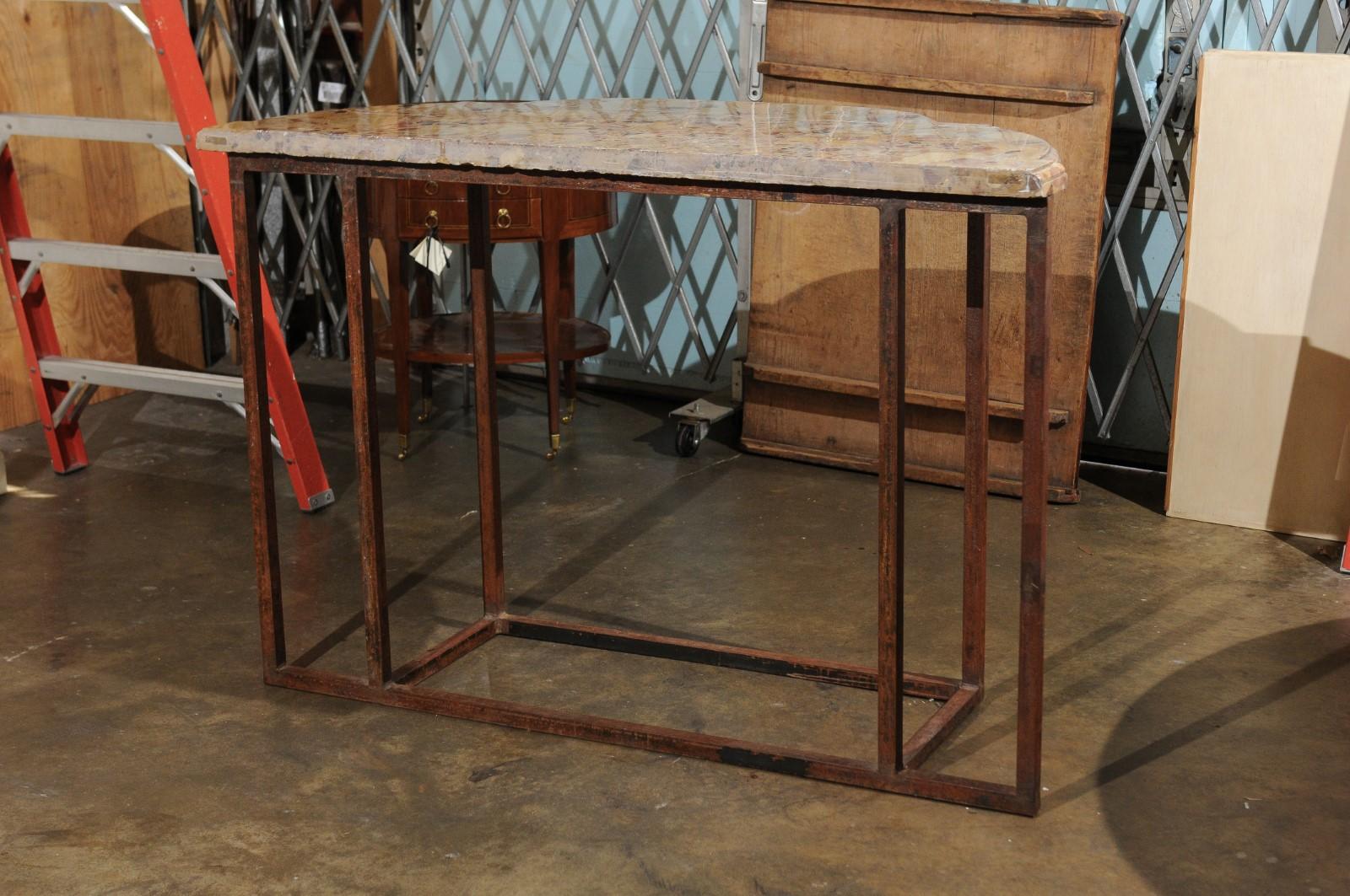 Iron Console Table with Breche d’Alep Marble Top, France For Sale 5