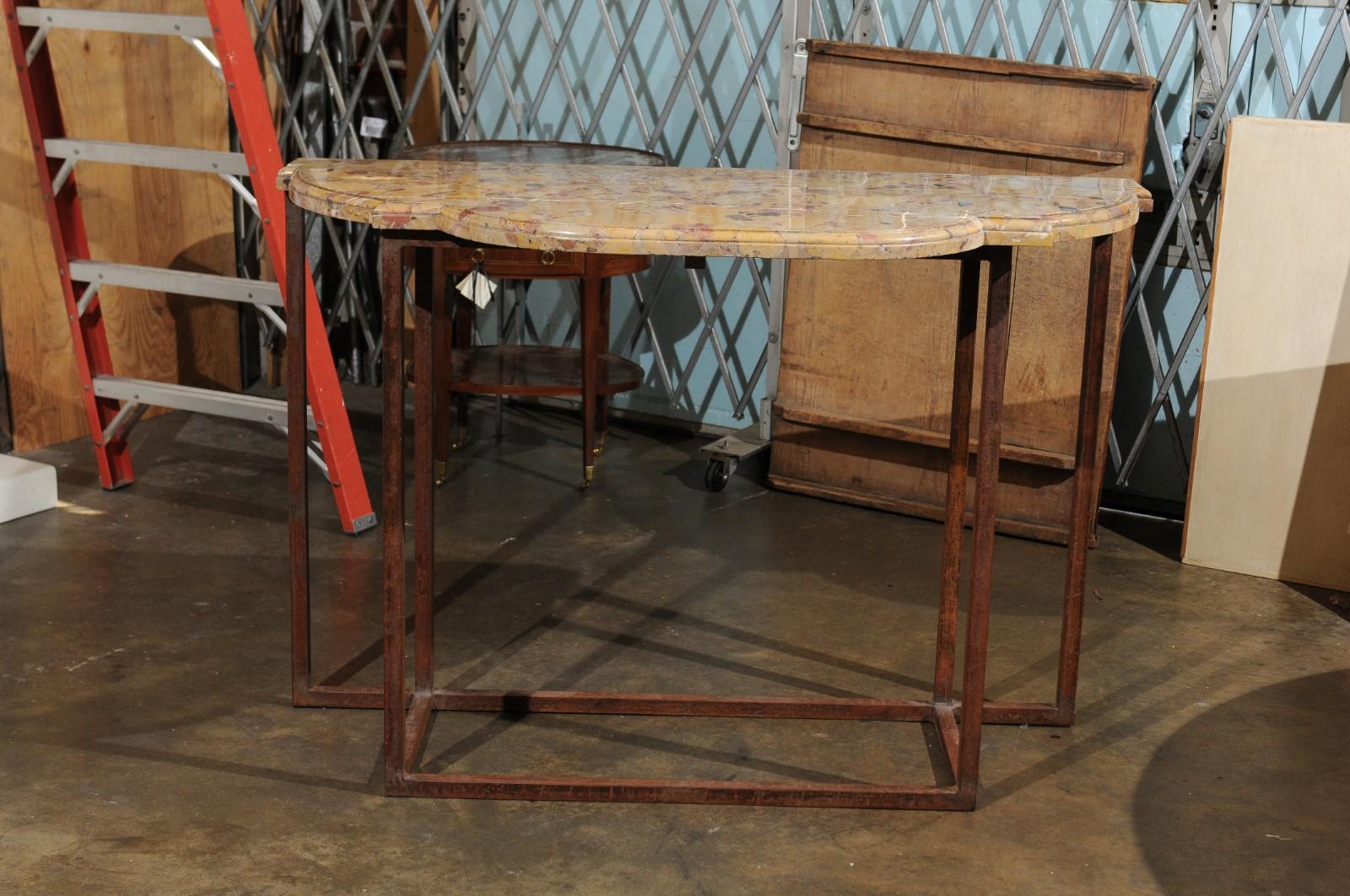 Iron console table with breche d’Alep marble top, France.
