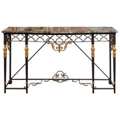 Iron Console Table with Marble Top and Gilt Accents, 20th Century