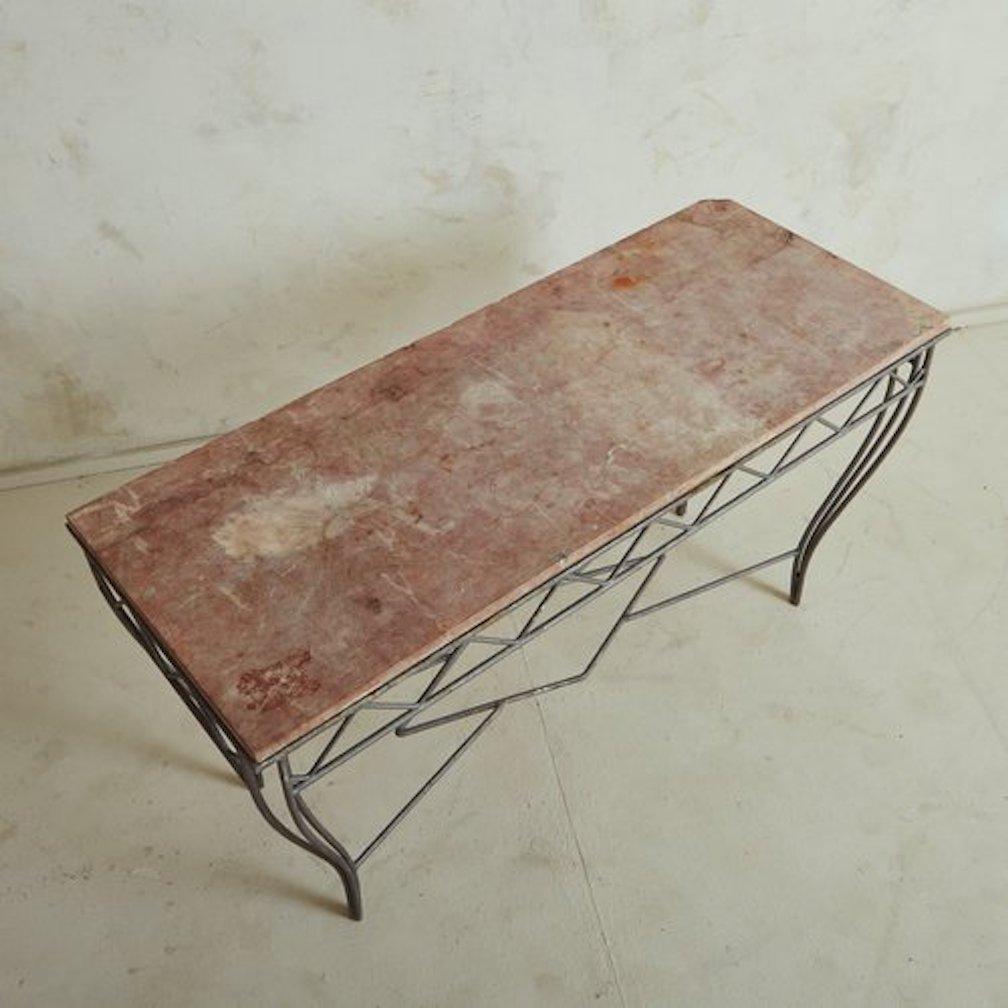 French Iron Console Table With Pink Marble Top, France 1960s For Sale