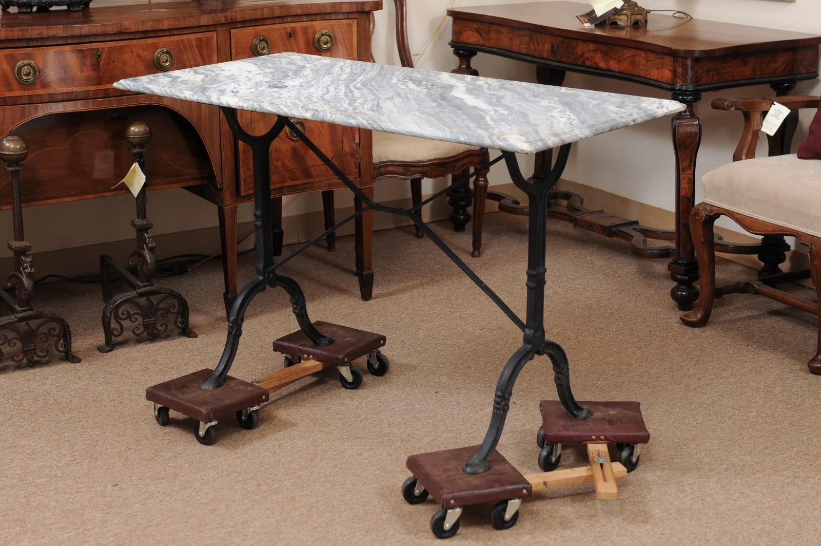Iron Console Table with X-Stretcher, Hoof Feet, & Grey Marble Top, France 19th C 5