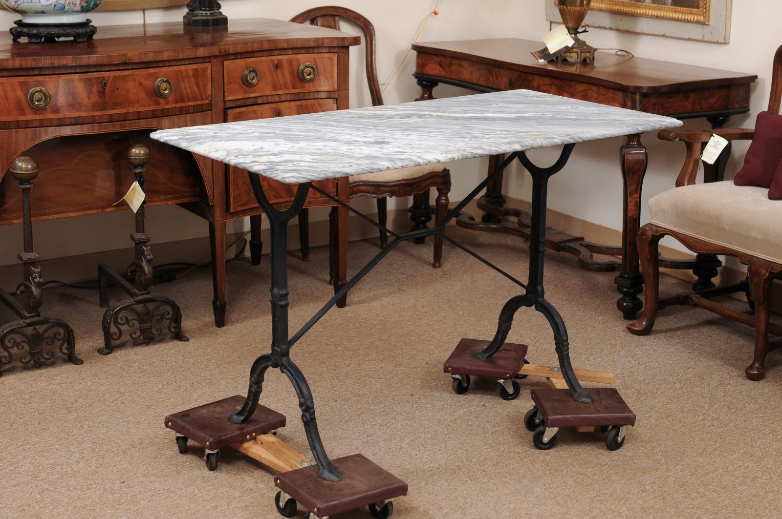 Iron Console Table with X-Stretcher, Hoof Feet, & Grey Marble Top, France 19th C 6