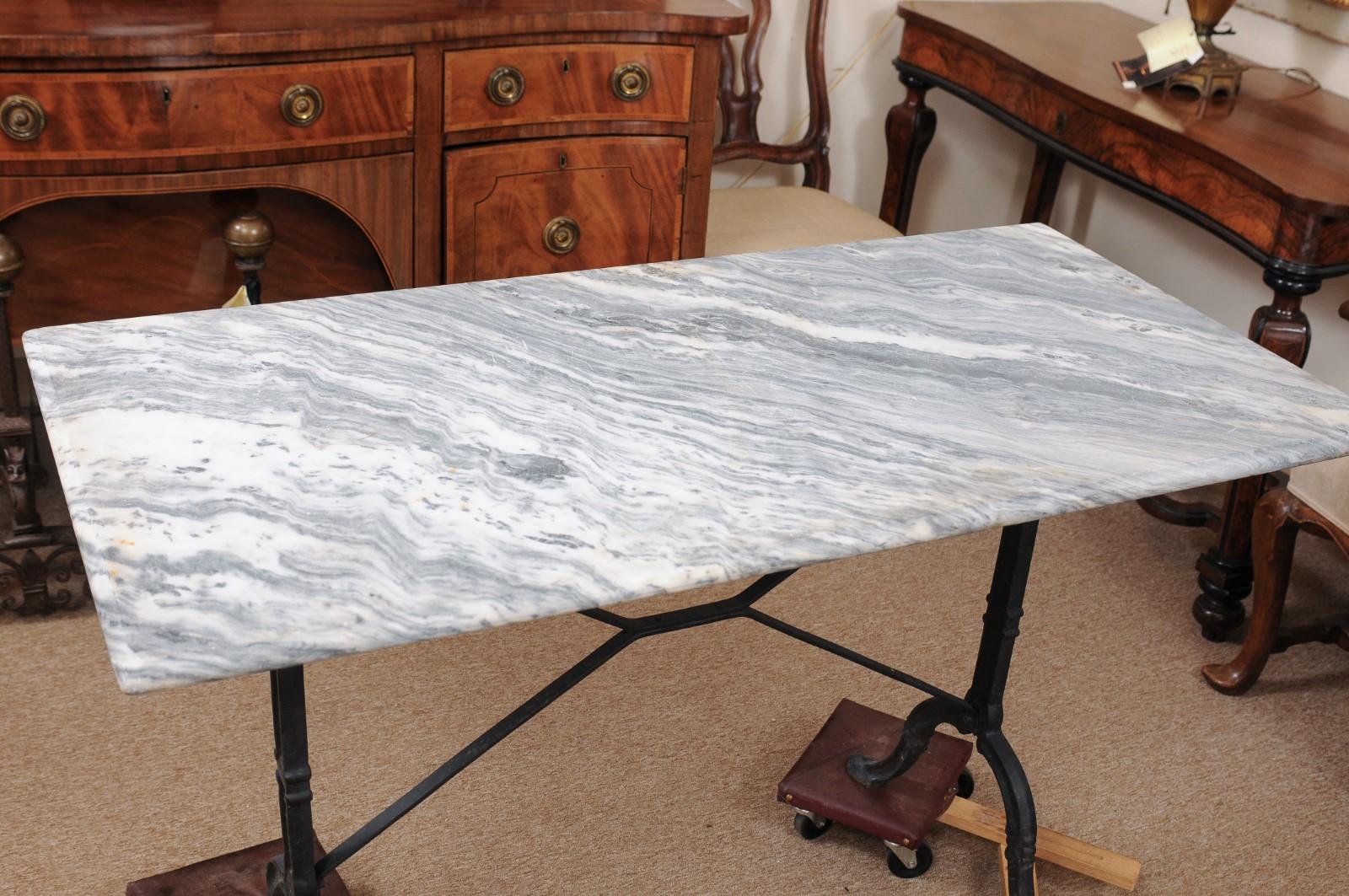 Iron Console Table with X-Stretcher, Hoof Feet, & Grey Marble Top, France 19th C 7